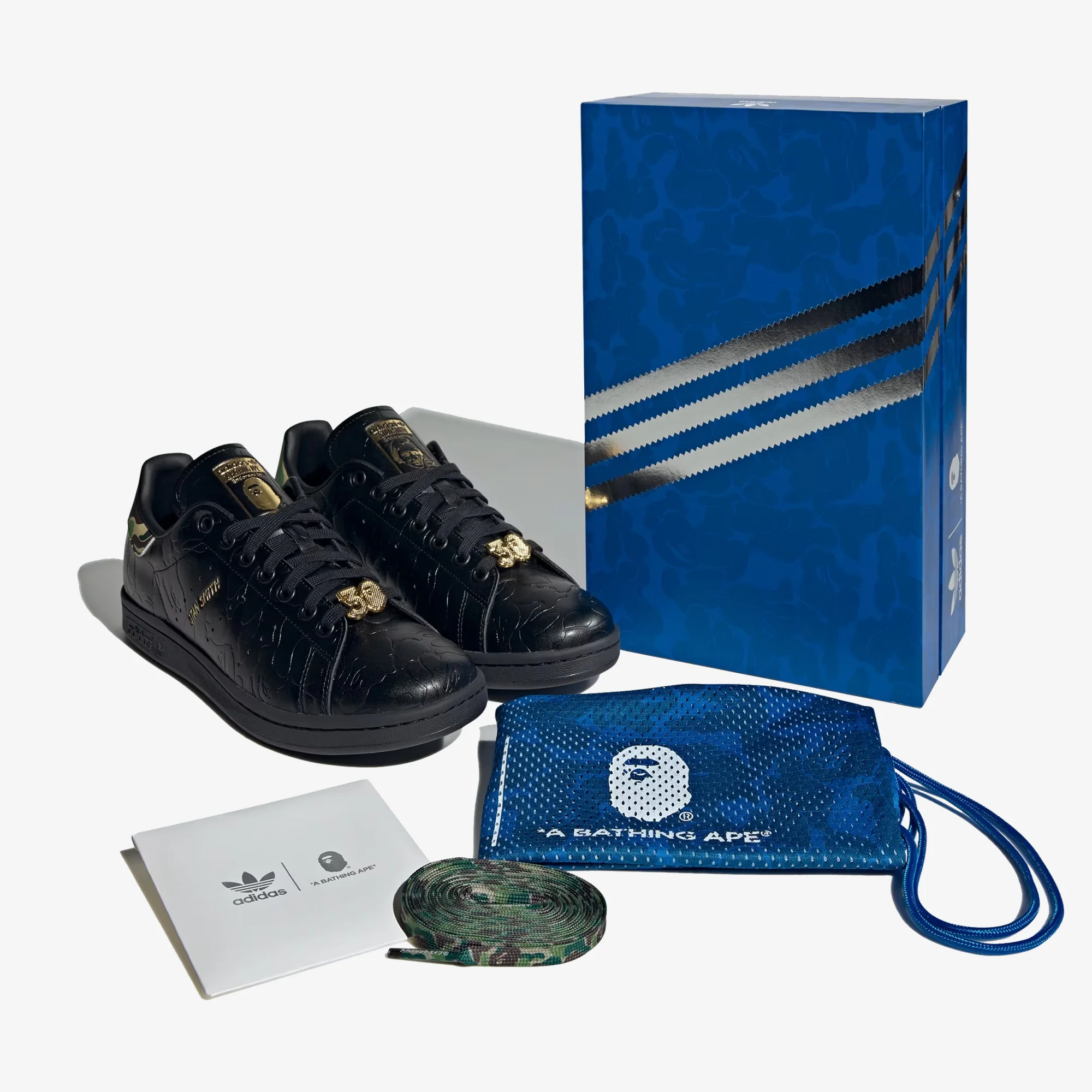 Adidas Originals | X BAPE STAN SMITH { CORE BLACK/GOLD METALLIC - Image 2