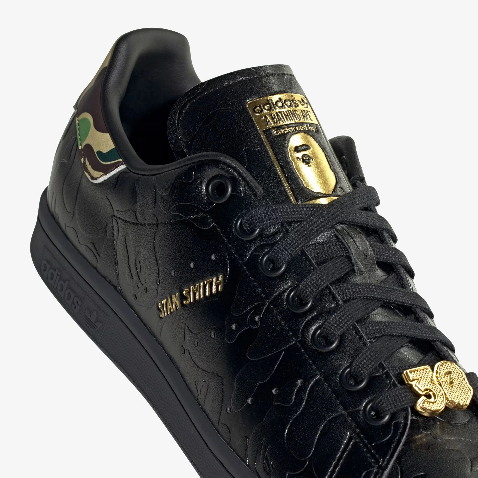 Adidas Originals | X BAPE STAN SMITH { CORE BLACK/GOLD METALLIC - Image 6