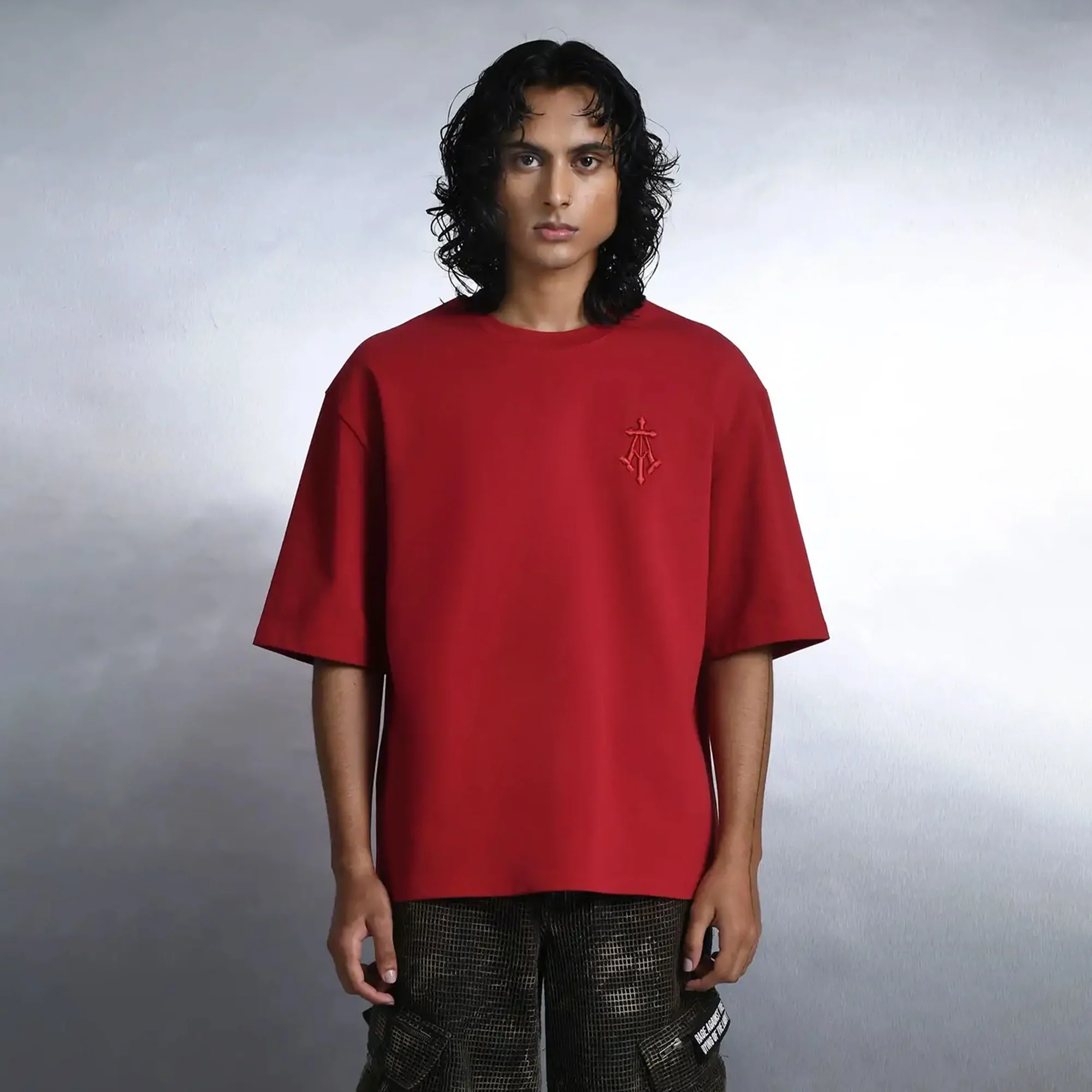 ALMOST GODS | ALPHA CROSS EMBROIDERED TEE { RED - Image 2