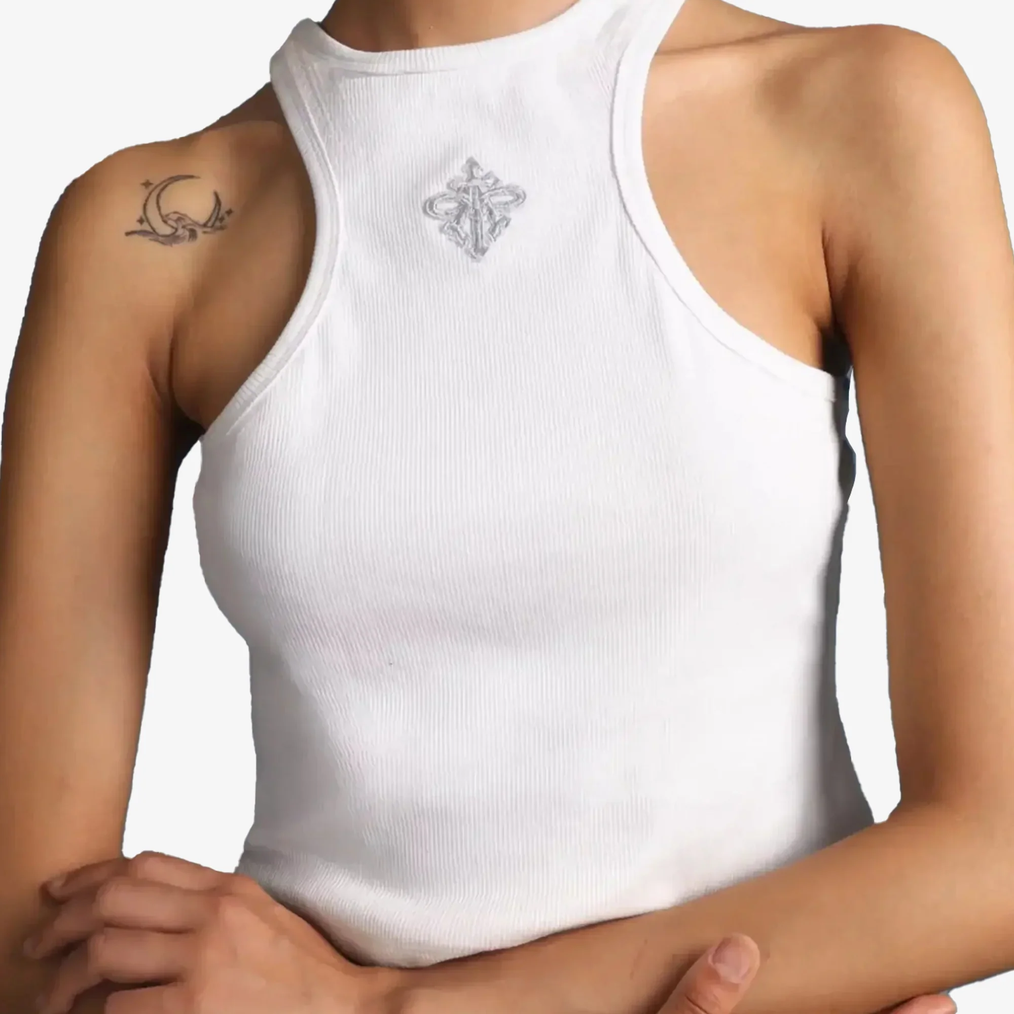 ALMOST GODS | ALPHA CROSS RIBBED TANK { WHITE - Image 2