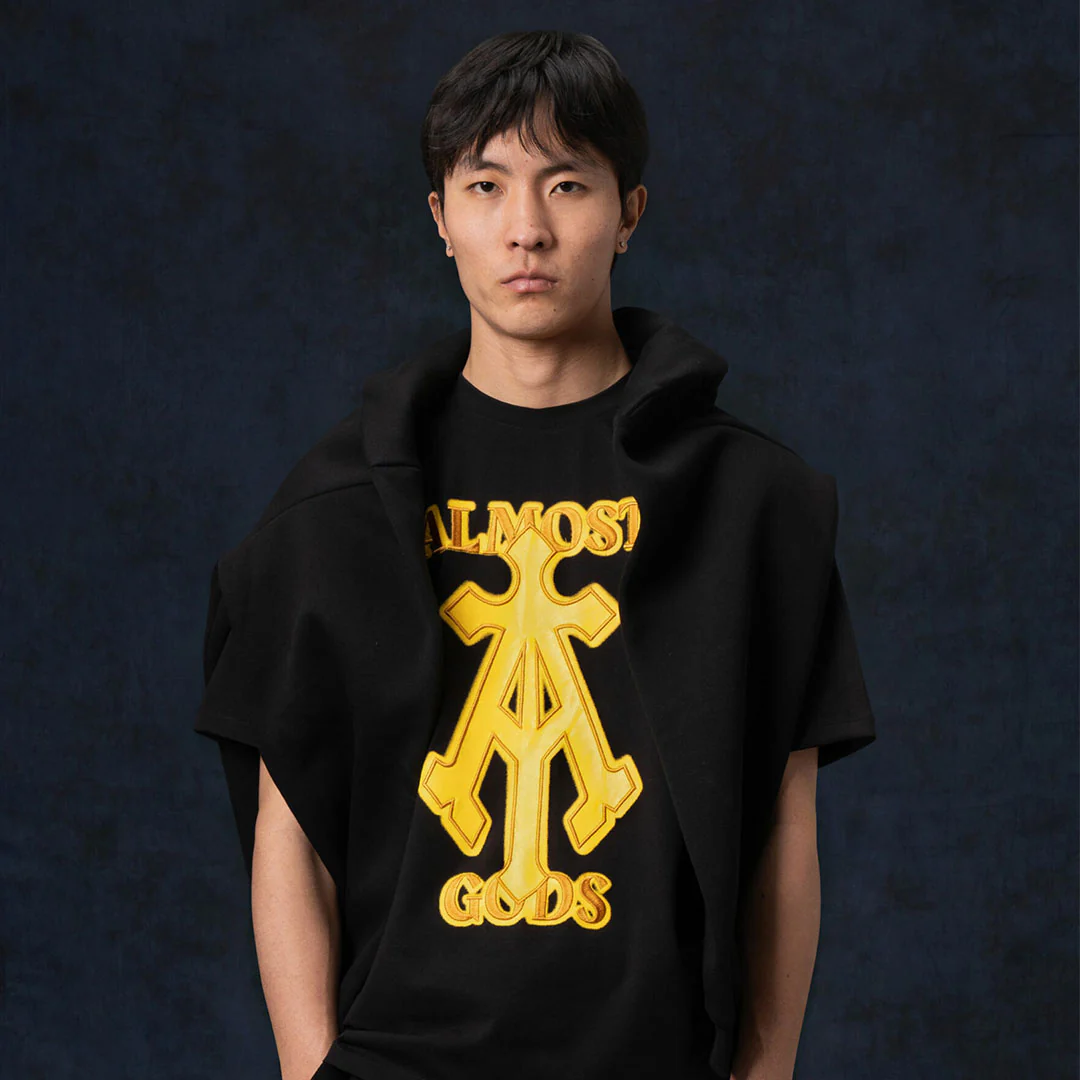 ALMOST GODS | ALPHA CROSS SPRAY PAINT TEE { BLACK - Image 2