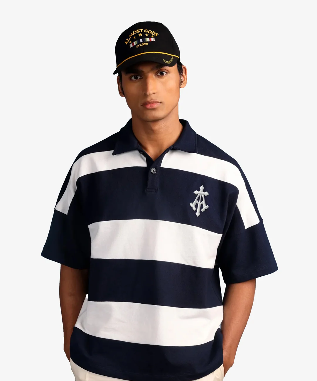 ALMOST GODS | ALPHA CROSS WOVEN STRIPED POLO { NAVY/WHITE
