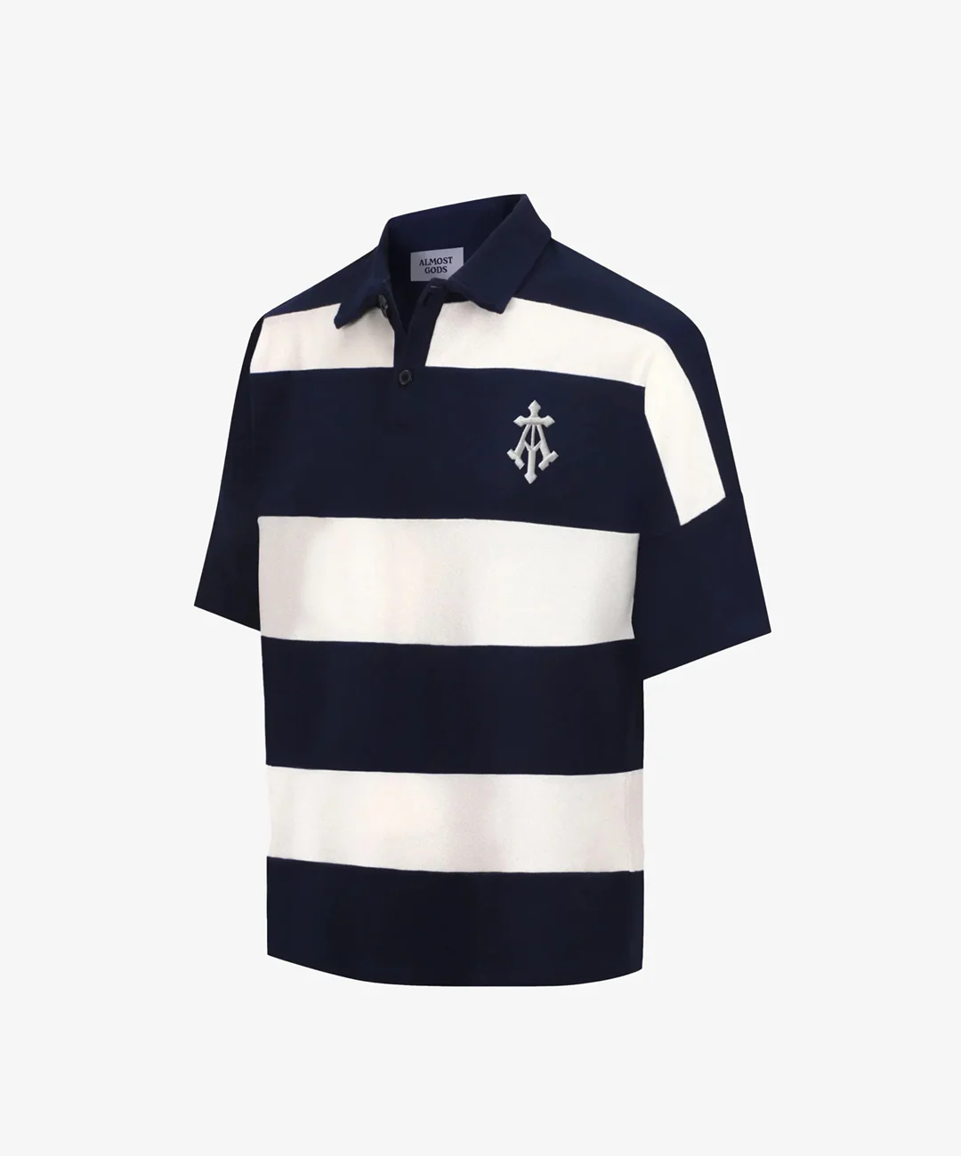 ALMOST GODS | ALPHA CROSS WOVEN STRIPED POLO { NAVY/WHITE - Image 3