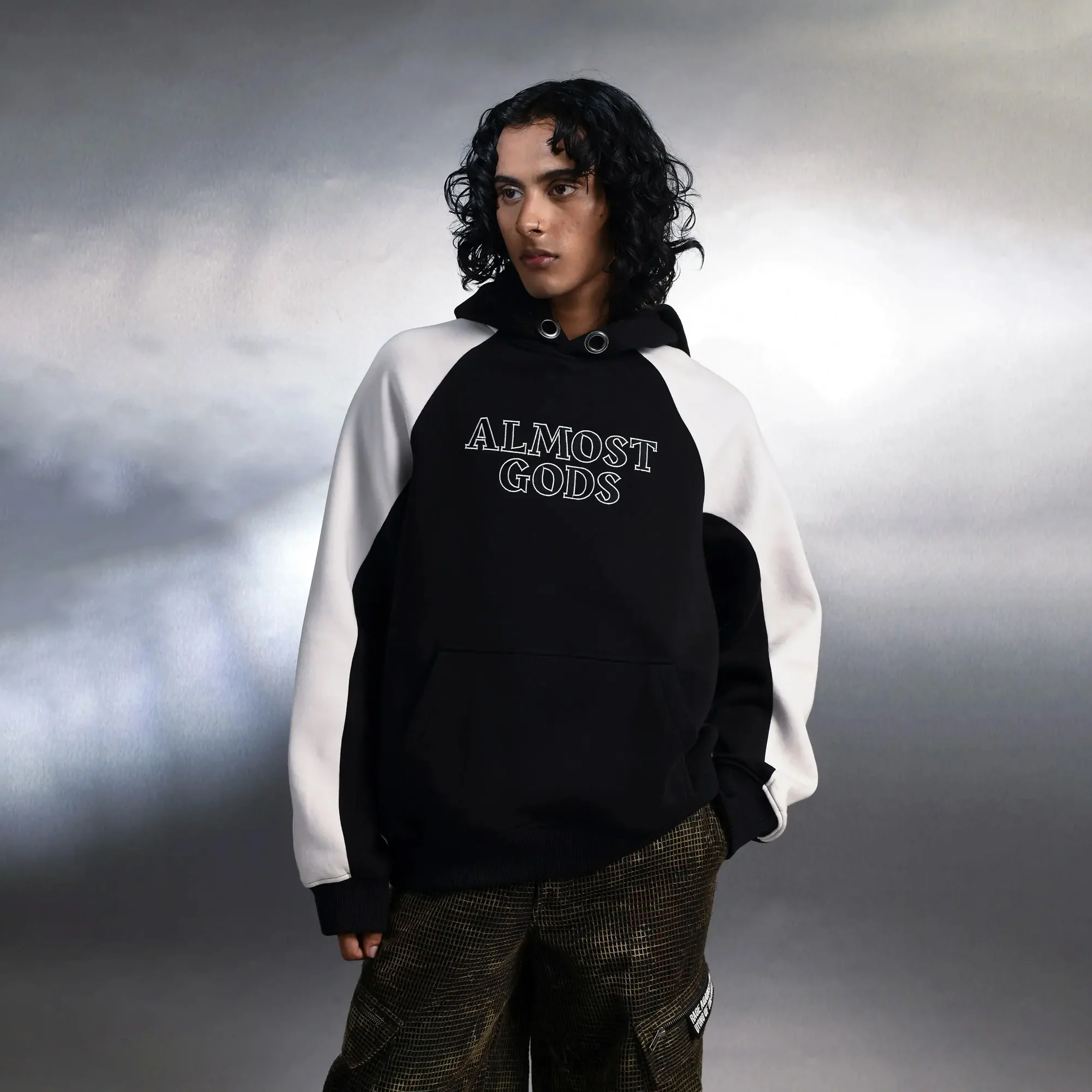 ALMOST GODS | LOGO PANEL HOODIE IN BLACK AND WHITE { BLACK/WHITE - Image 3