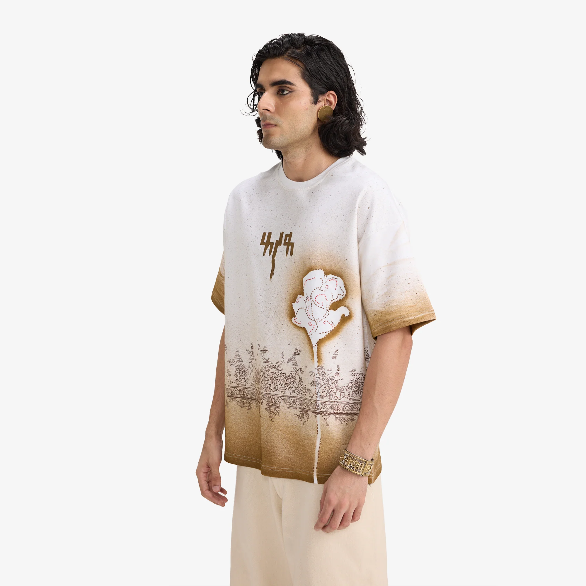 F A R A K | BURNING FLOWER HANDMADE T-SHIRT { WHITE/WHITE - Image 3