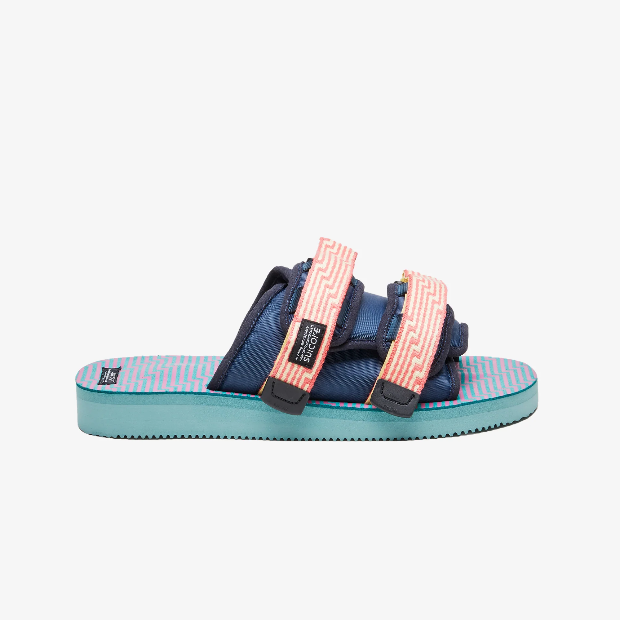 Suicoke | MOTO JACQUARD TOUCH-STRAP { NAVY BLUE/CORAL PINK/SEA GREEN