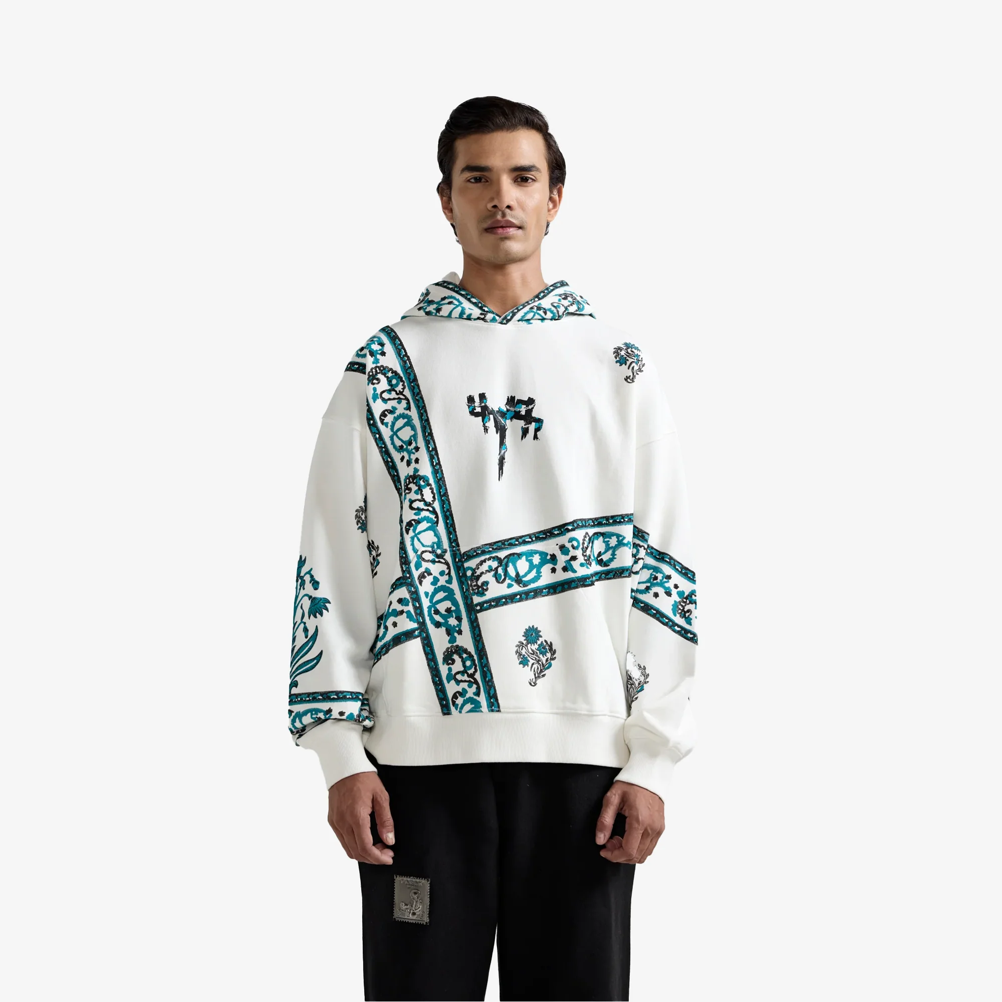 F A R A K | COSMIC BLOCKPRINT HOODIE { WHITE