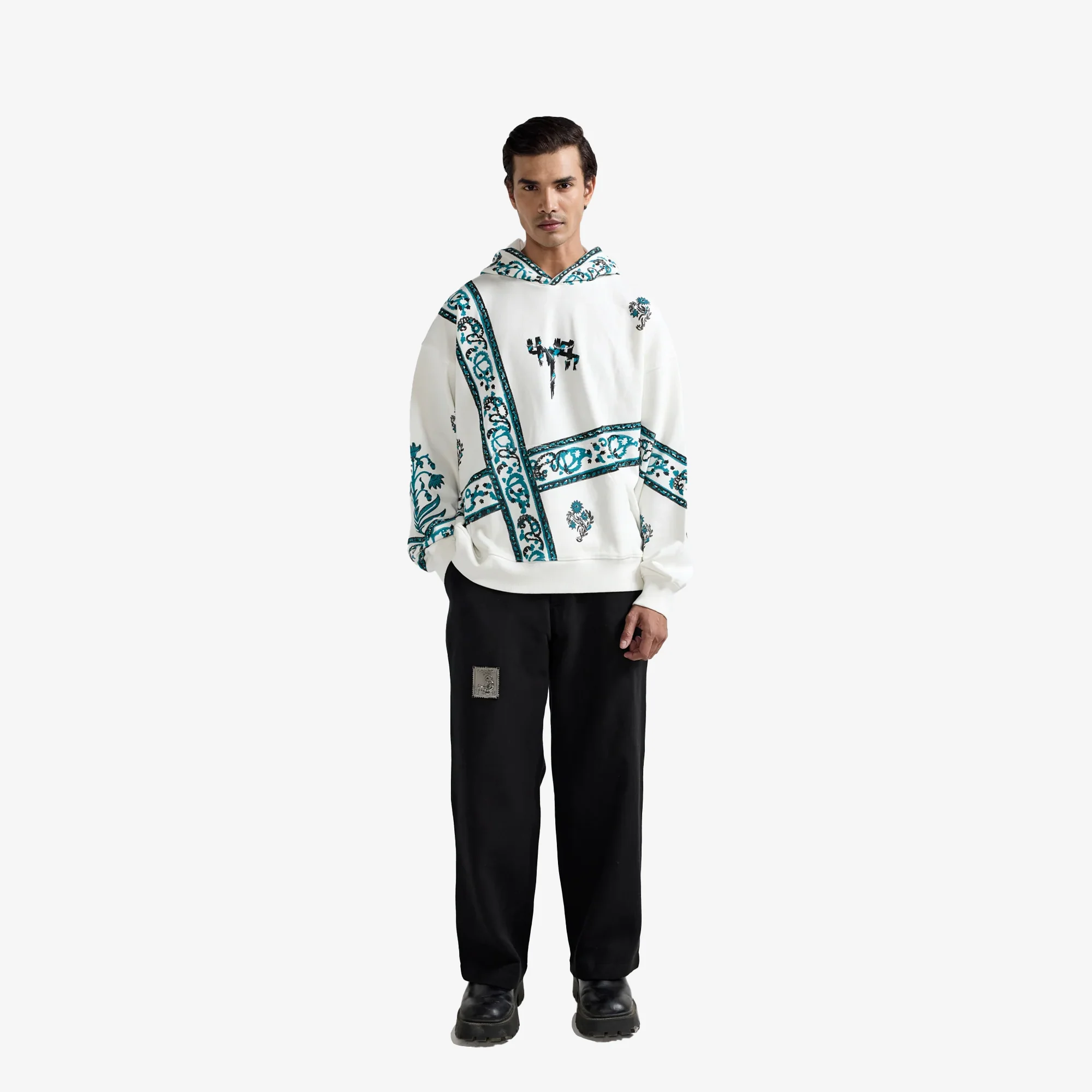 F A R A K | COSMIC BLOCKPRINT HOODIE { WHITE - Image 2