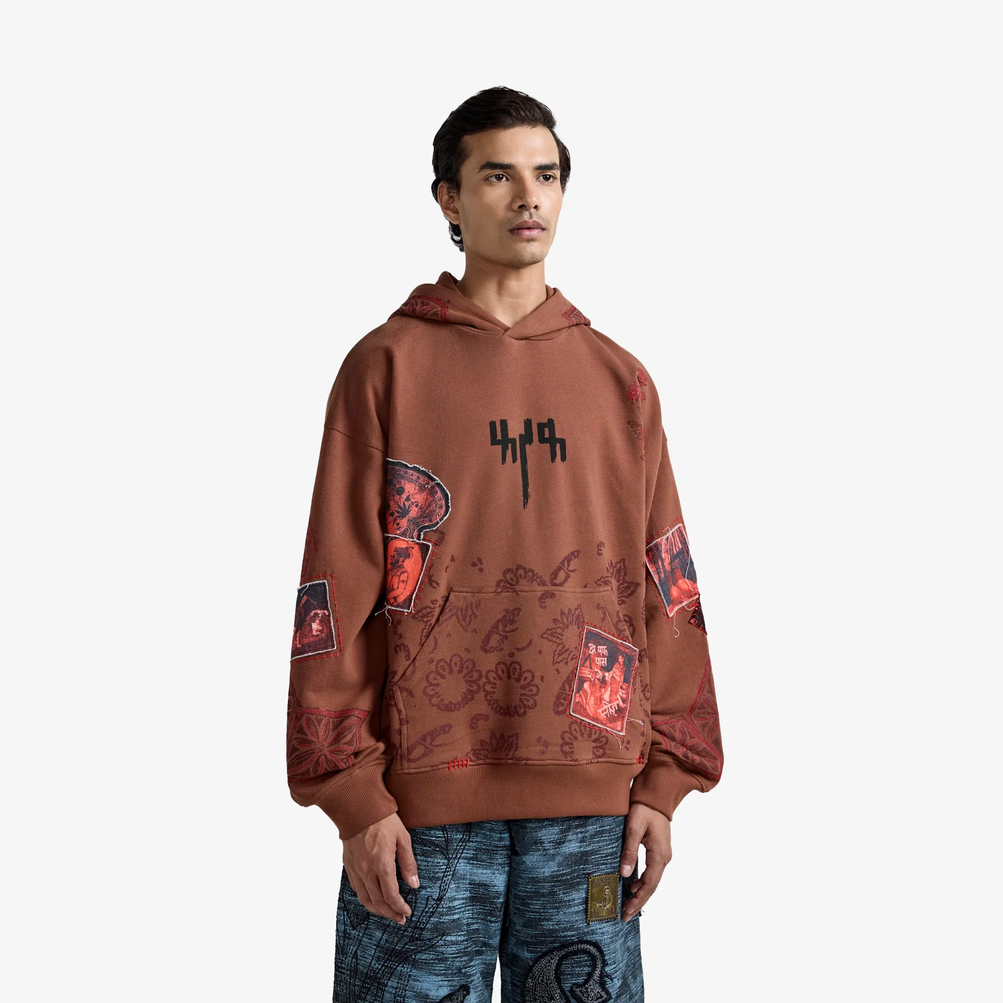 F A R A K | MEHFIL BLOCK-PRINTED HOODIE { BROWN - Image 3