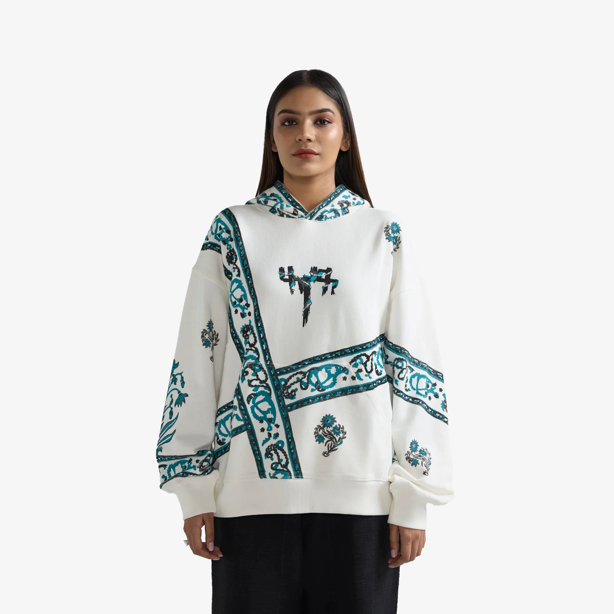 F A R A K | COSMIC BLOCKPRINT HOODIE { WHITE - Image 3