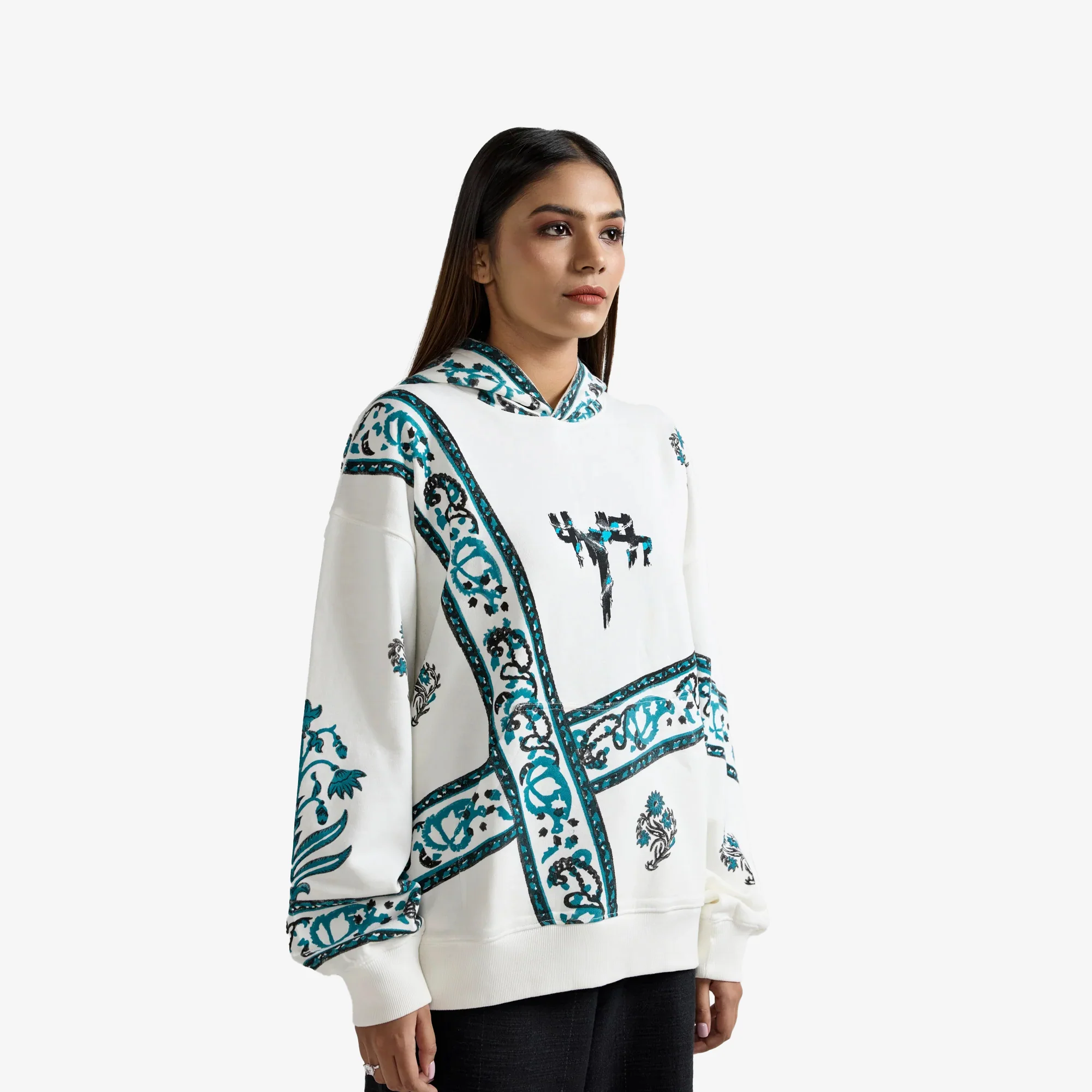F A R A K | COSMIC BLOCKPRINT HOODIE { WHITE - Image 4