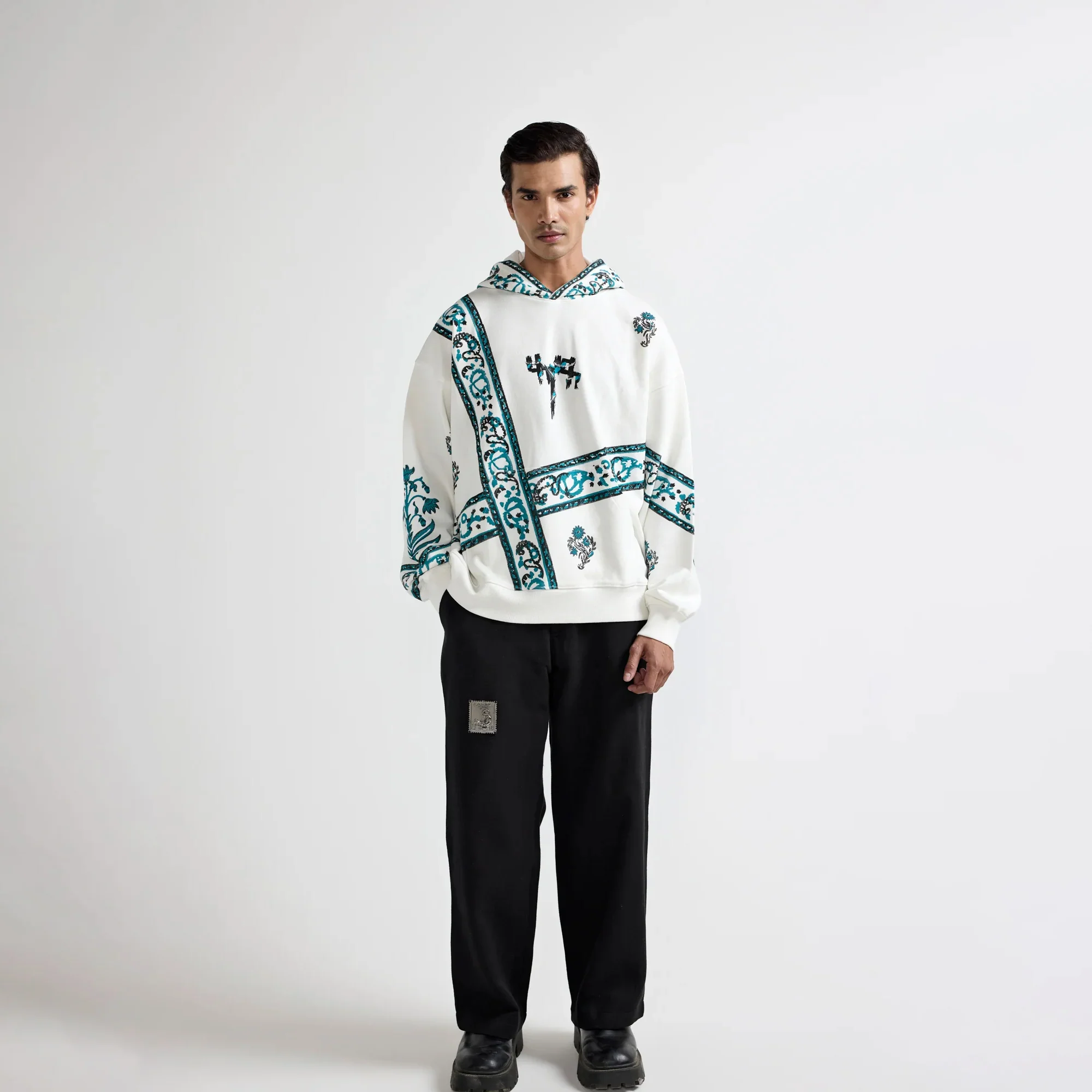 F A R A K | COSMIC BLOCKPRINT HOODIE { WHITE - Image 5
