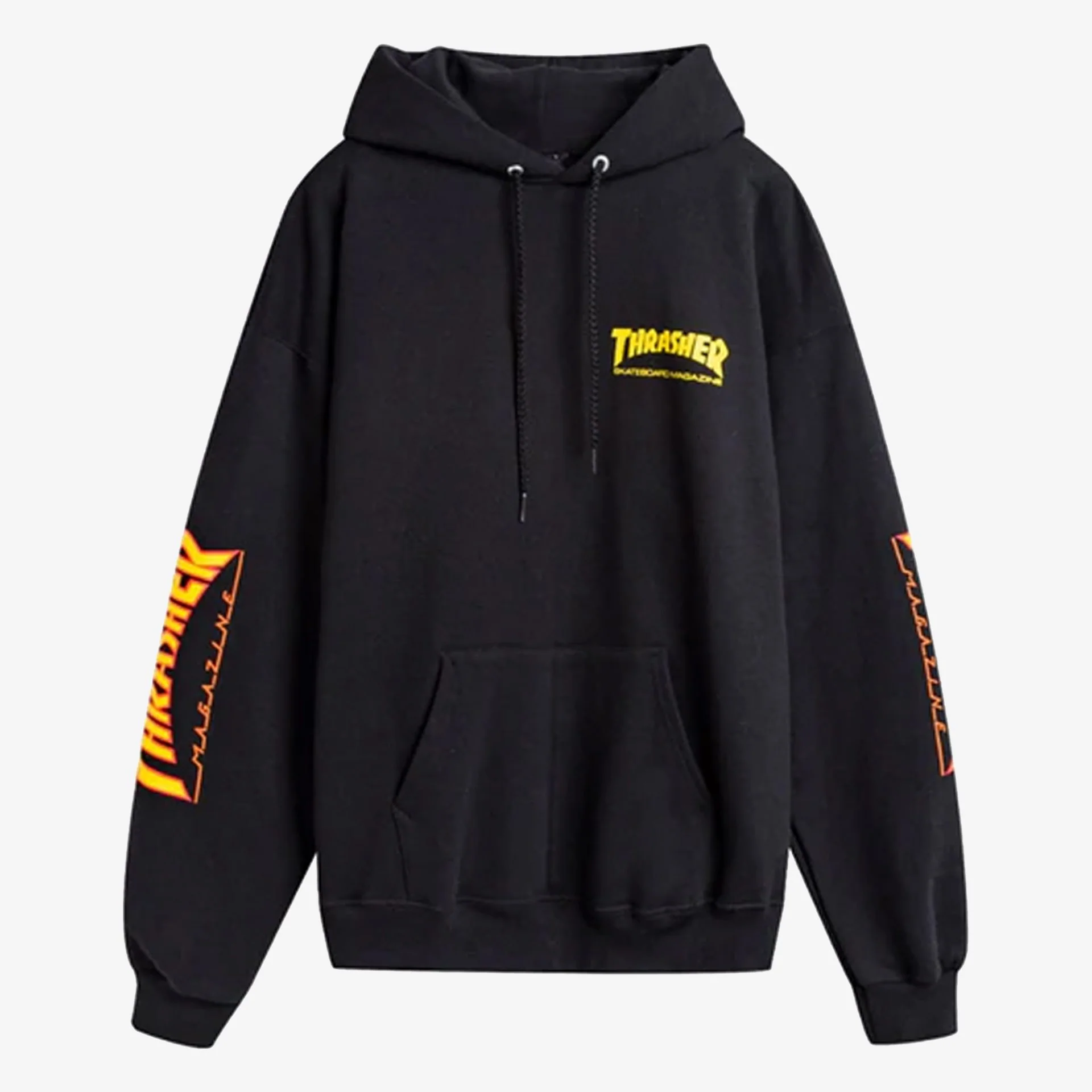 Thrasher | FLAME HOODIE DOUBLE LOGO FLAME PRINT HOODIE { BLACK