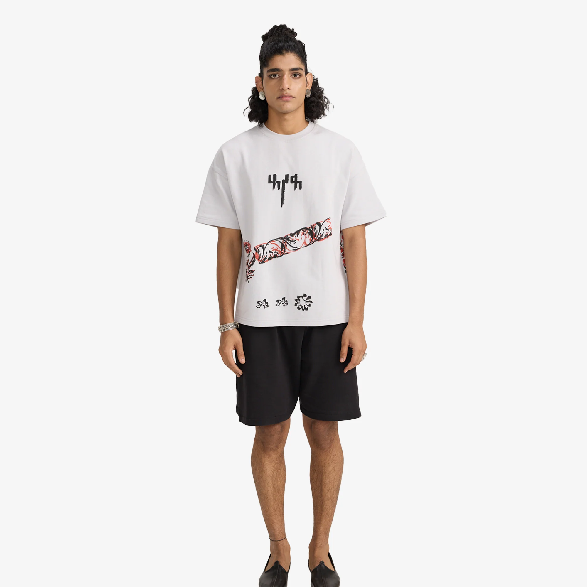 F A R A K | GREY BLOCK PRINTED T-SHIRT { GREY/GREY - Image 7