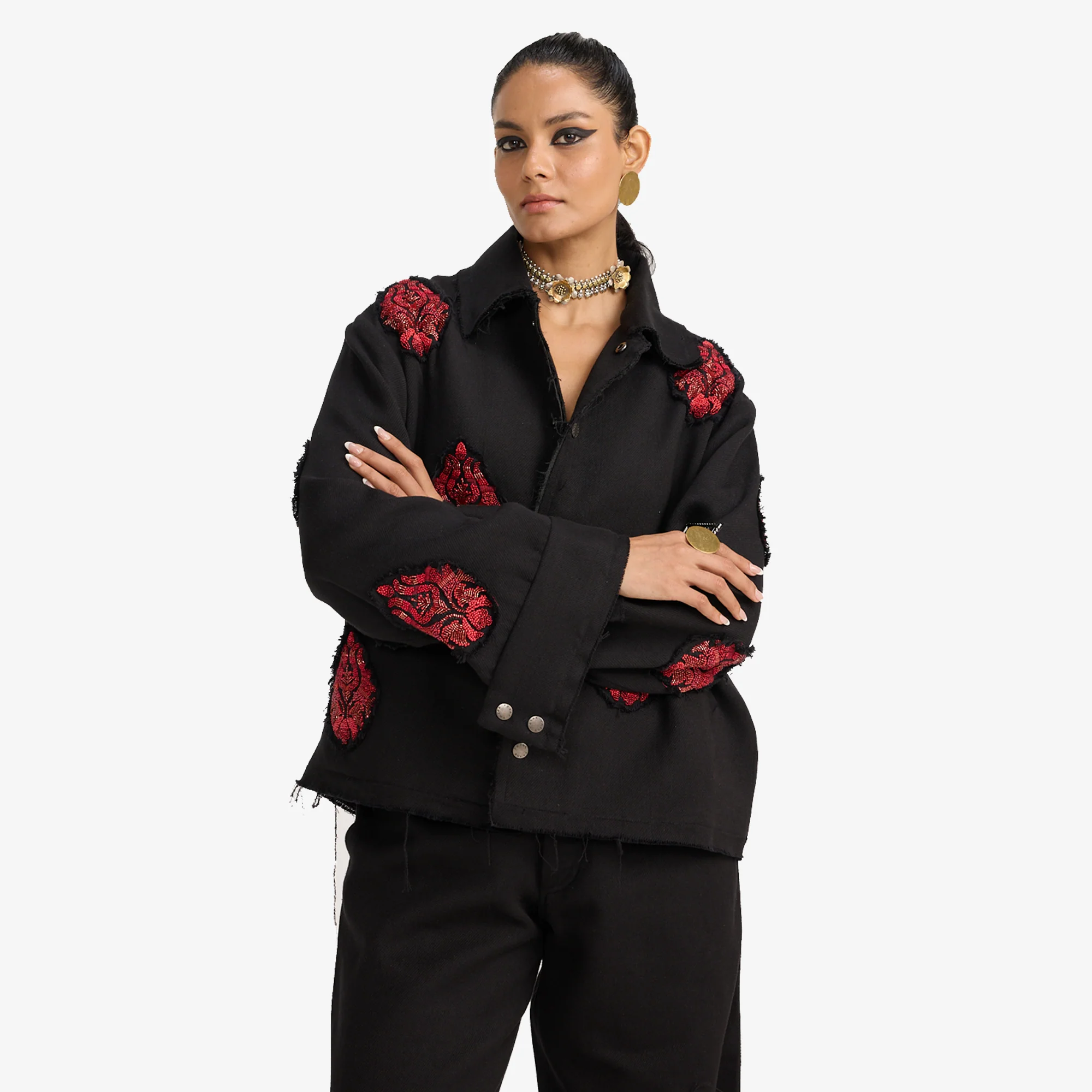 F A R A K | HAND EMBRIODERED JACKET { BLACK/BLACK - Image 2