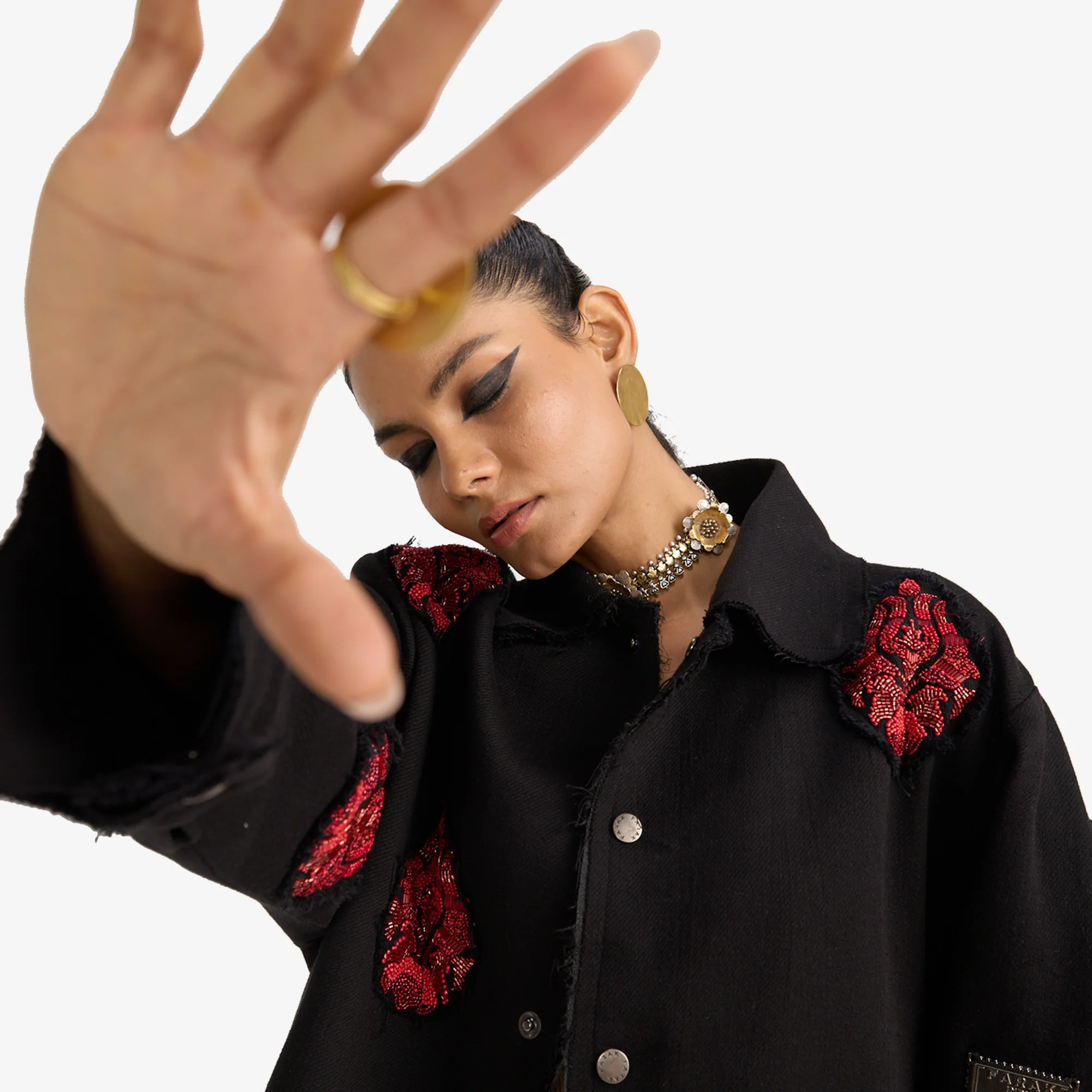 F A R A K | HAND EMBRIODERED JACKET { BLACK/BLACK - Image 5