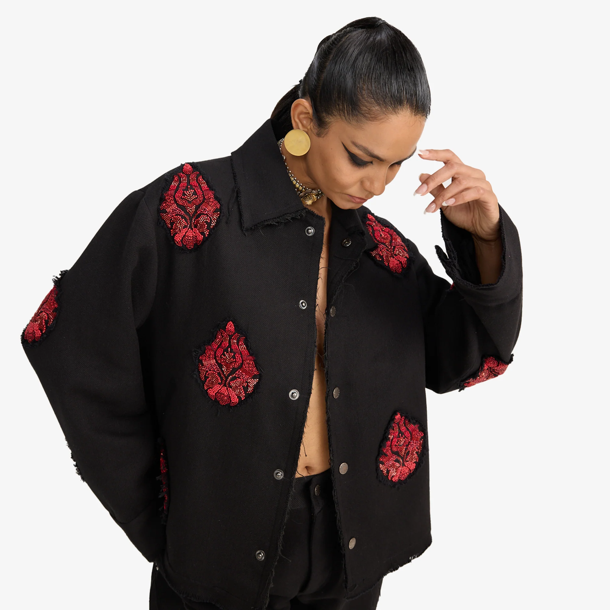 F A R A K | HAND EMBRIODERED JACKET { BLACK/BLACK - Image 7