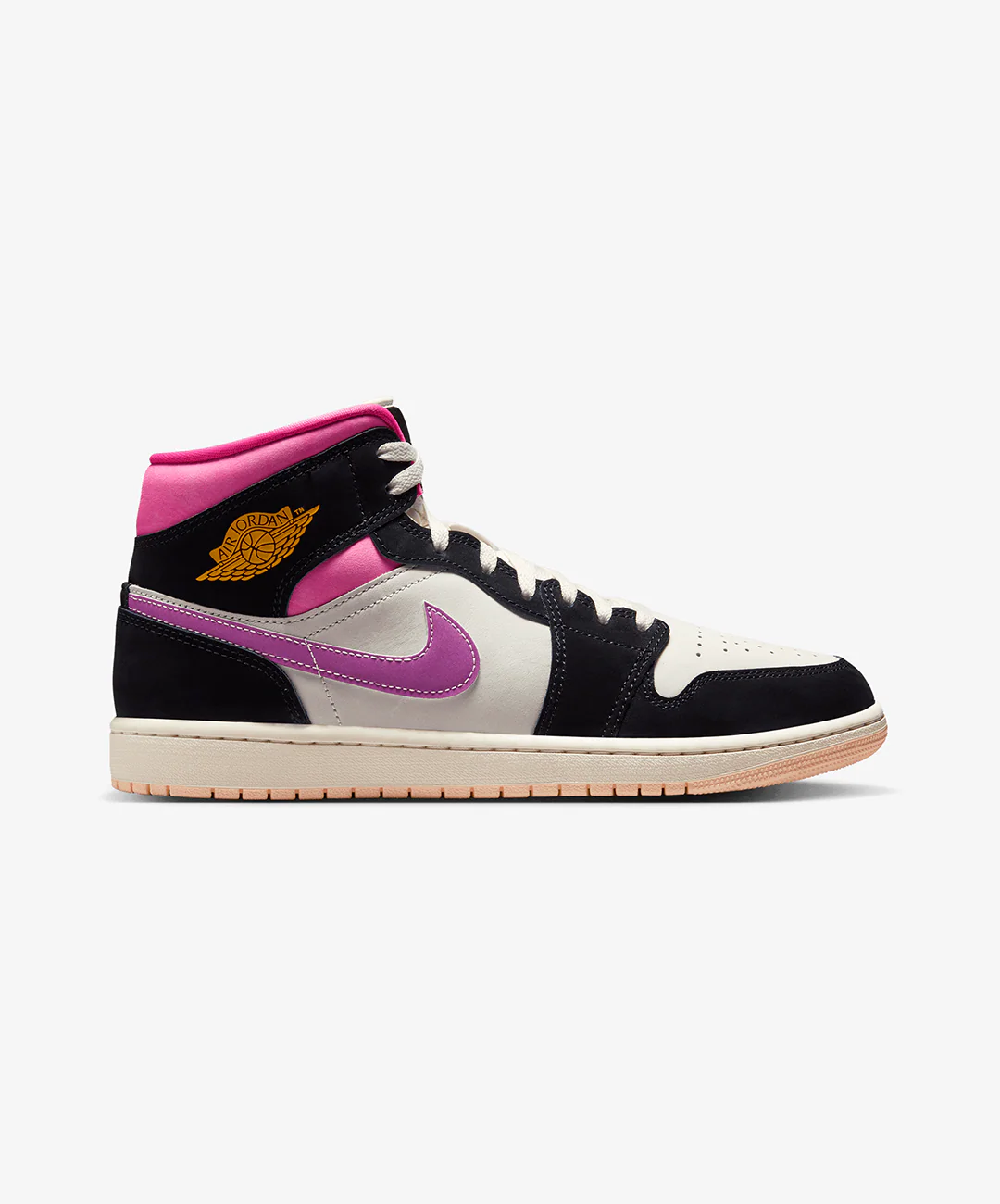 JORDAN | AIR JORDAN 1 MID SE { BLACK/UNIVERSITY GOLD-SAIL-PINKSICLE
