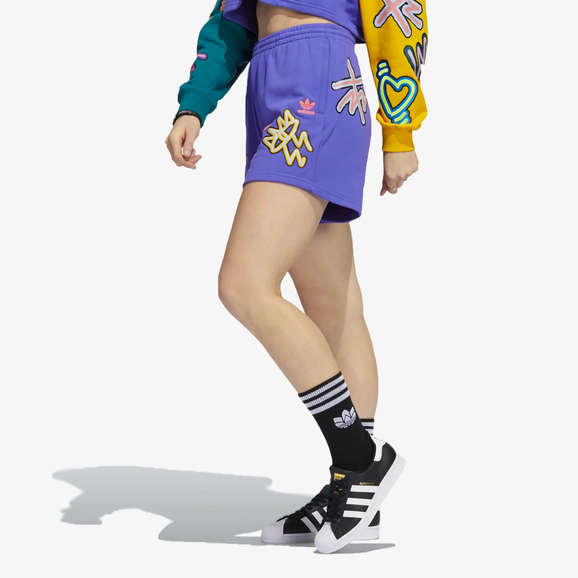 Adidas Originals | LOVE UNITES LOOSE SHORTS { PURPLE / MULTICOLOR - Image 2