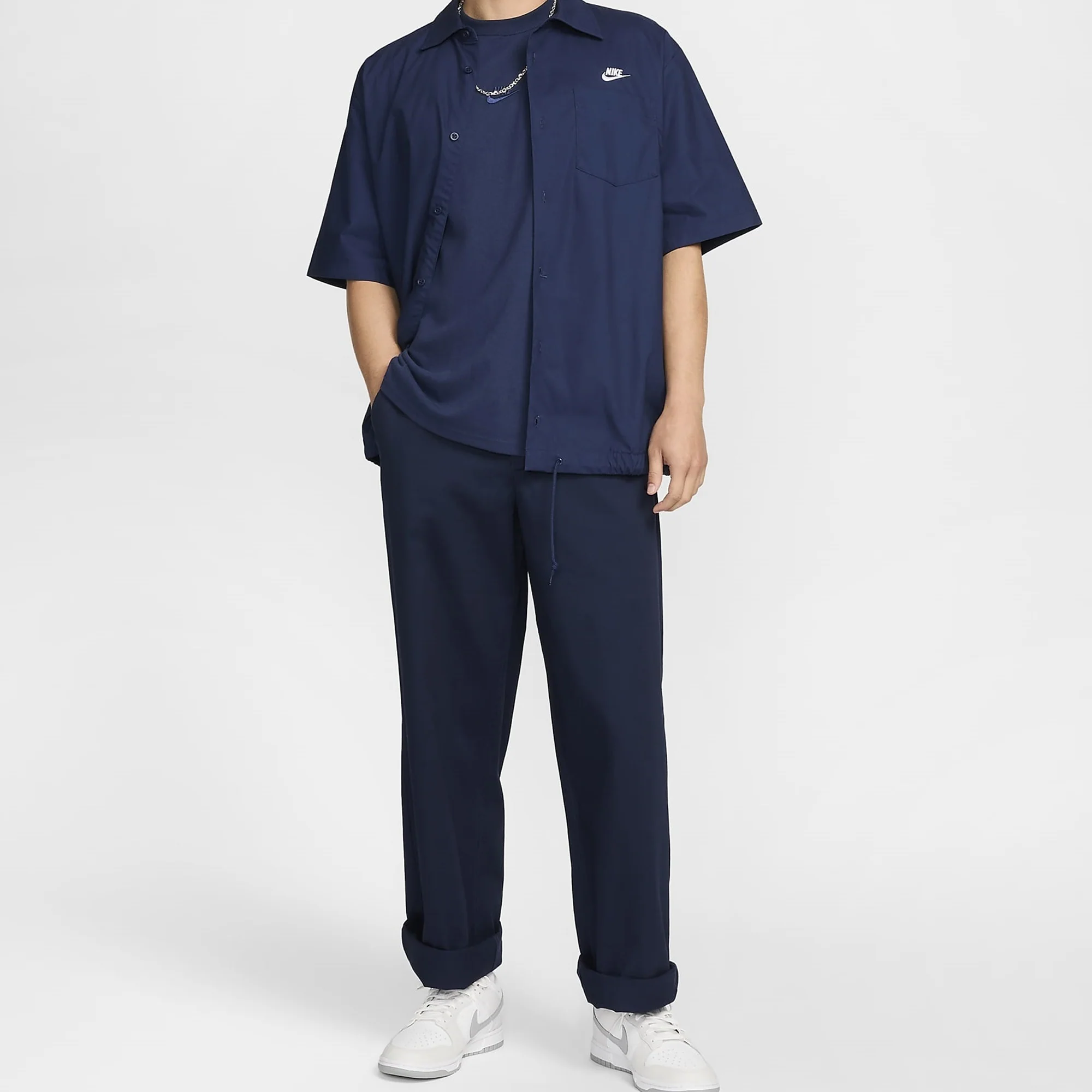 NIKE | CLUB SHORT SLEEVE OXFORD BUTTON-UP SHIRT { MIDNIGHT NAVY/WHITE - Image 5