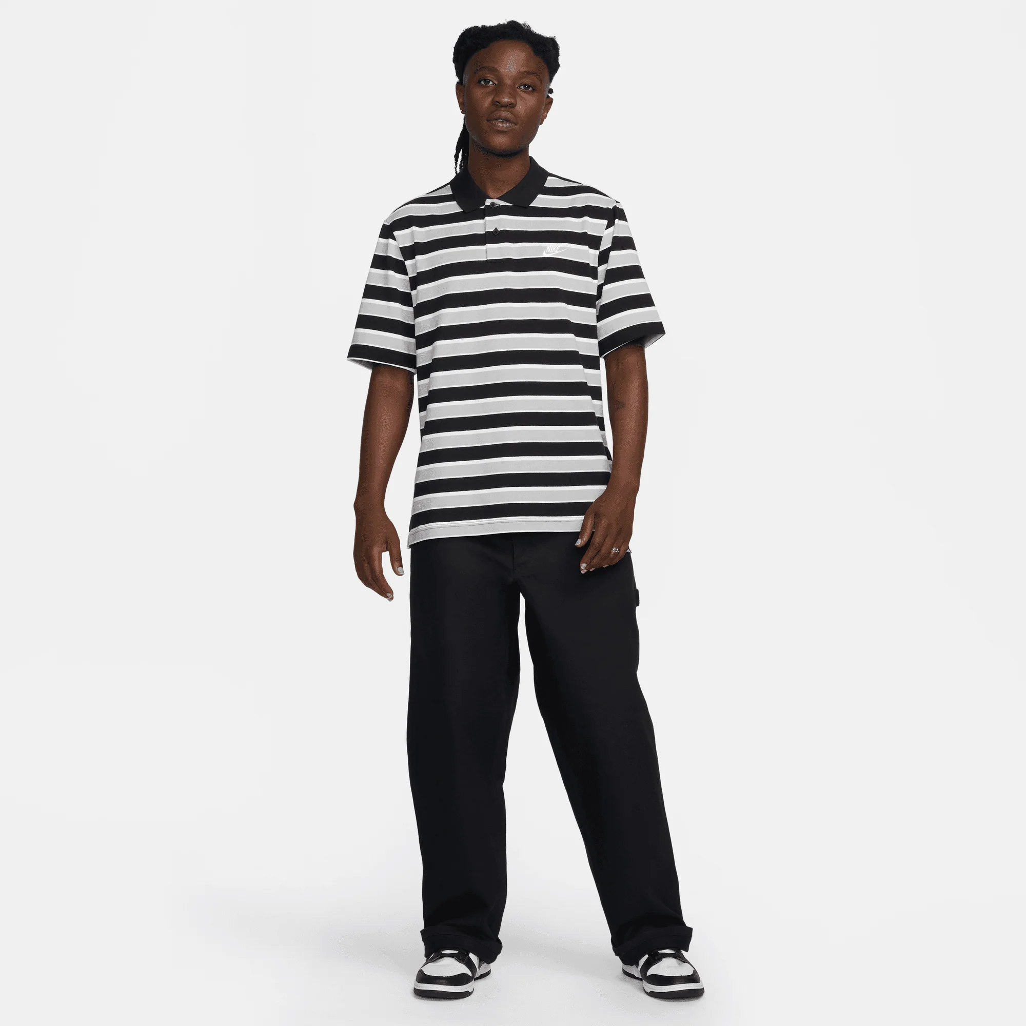 NIKE | CLUB STRIPED POLO T-SHIRT { BLACK/WHITE - Image 5
