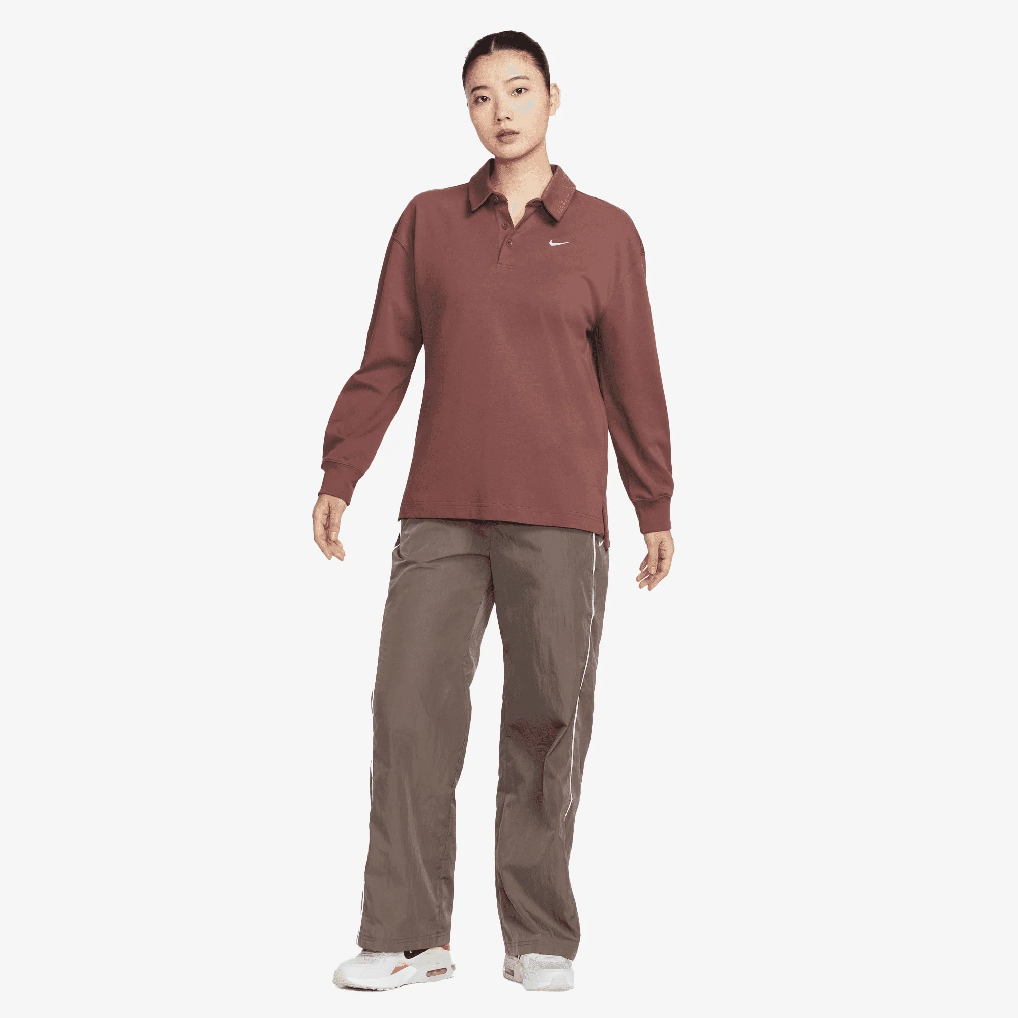 NIKE | OVERSIZED LONG-SLEEVE POLO { RED SEPIA/SAIL - Image 6