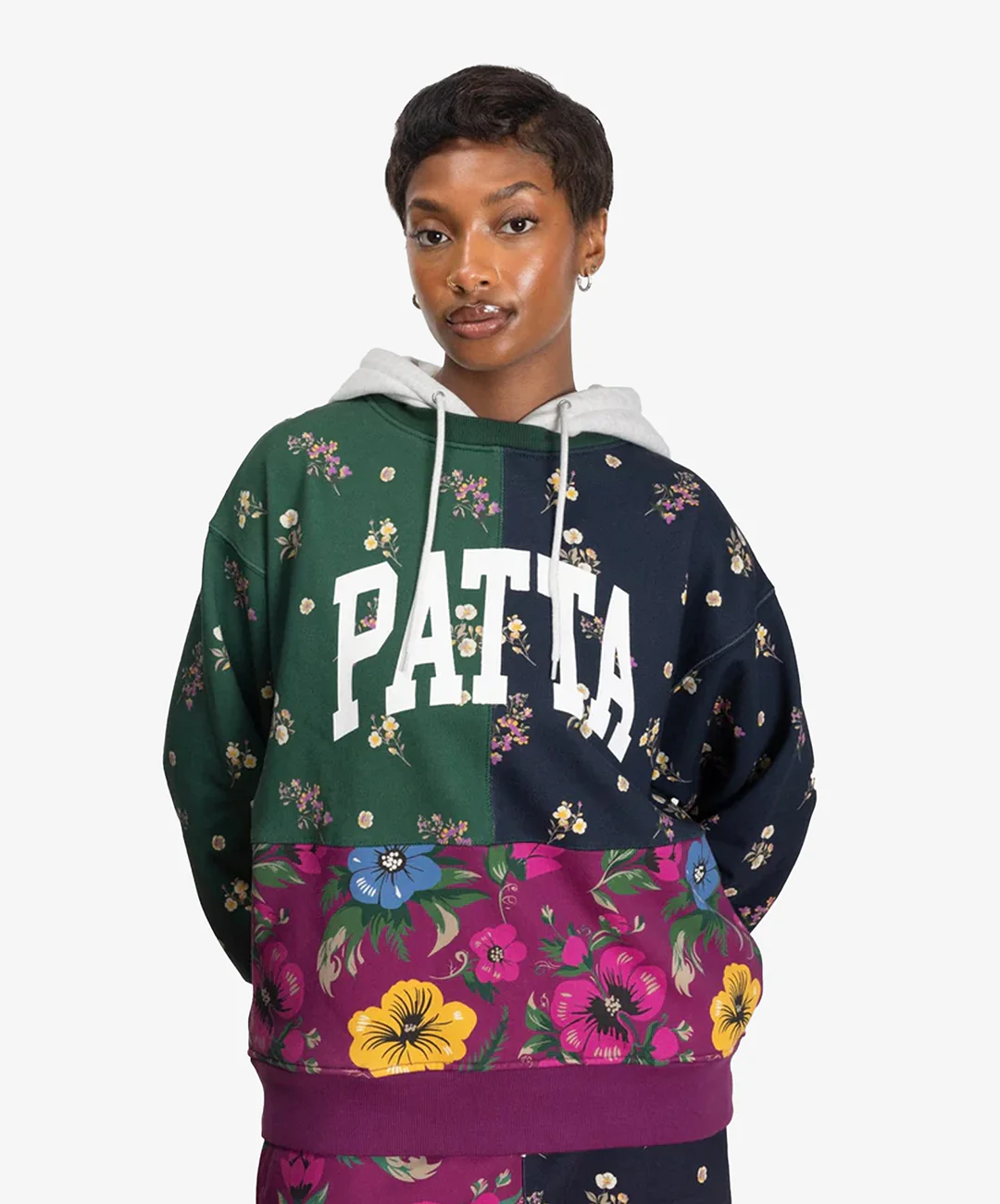 PATTA | FLORAL PATCHWORK HOODED SWEATER { MULTI - Image 5