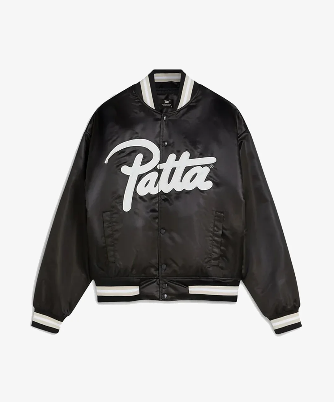 PATTA | SCRIPT LOGO SATIN VARSITY JACKET { BLACK
