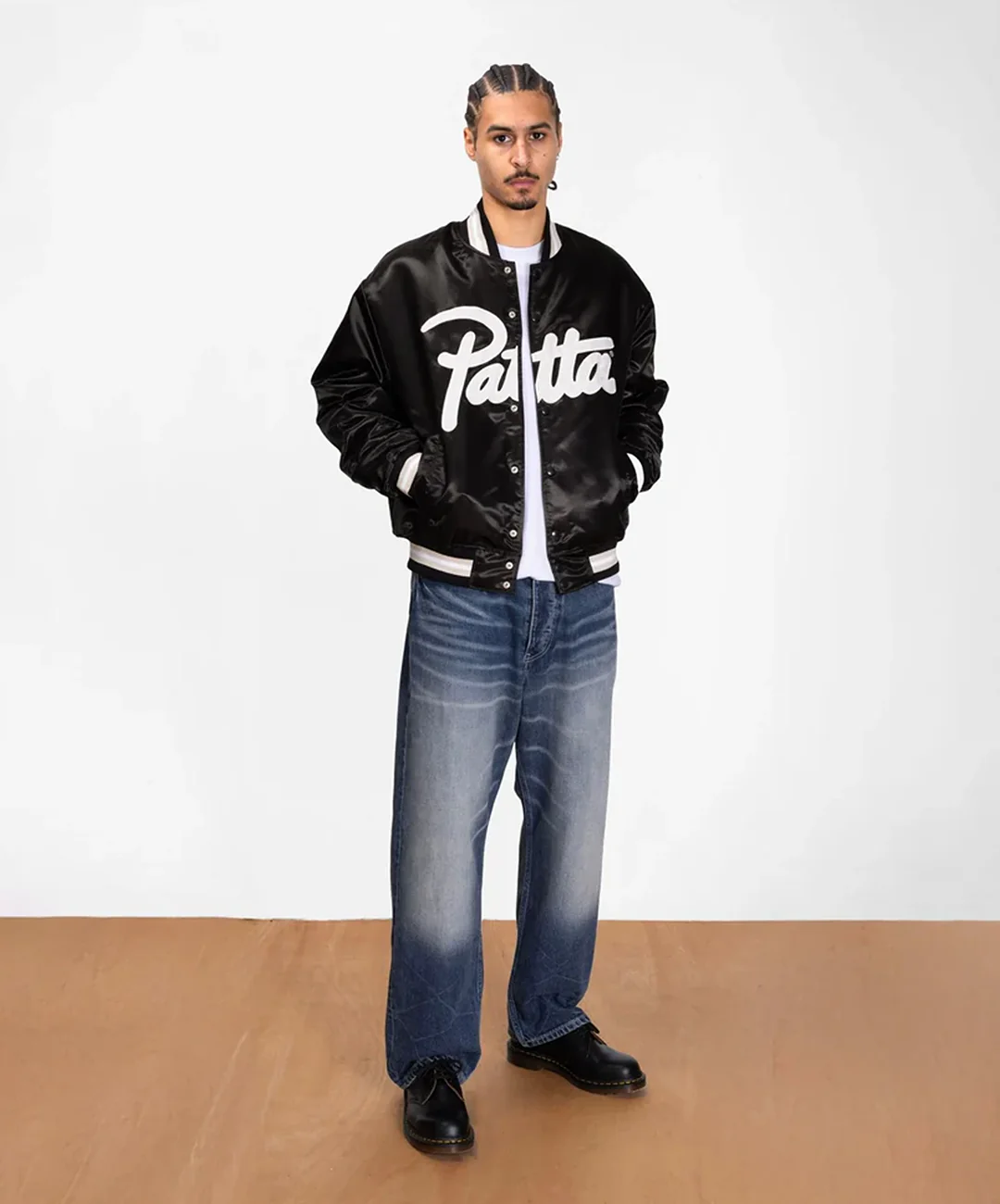 PATTA | SCRIPT LOGO SATIN VARSITY JACKET { BLACK - Image 4