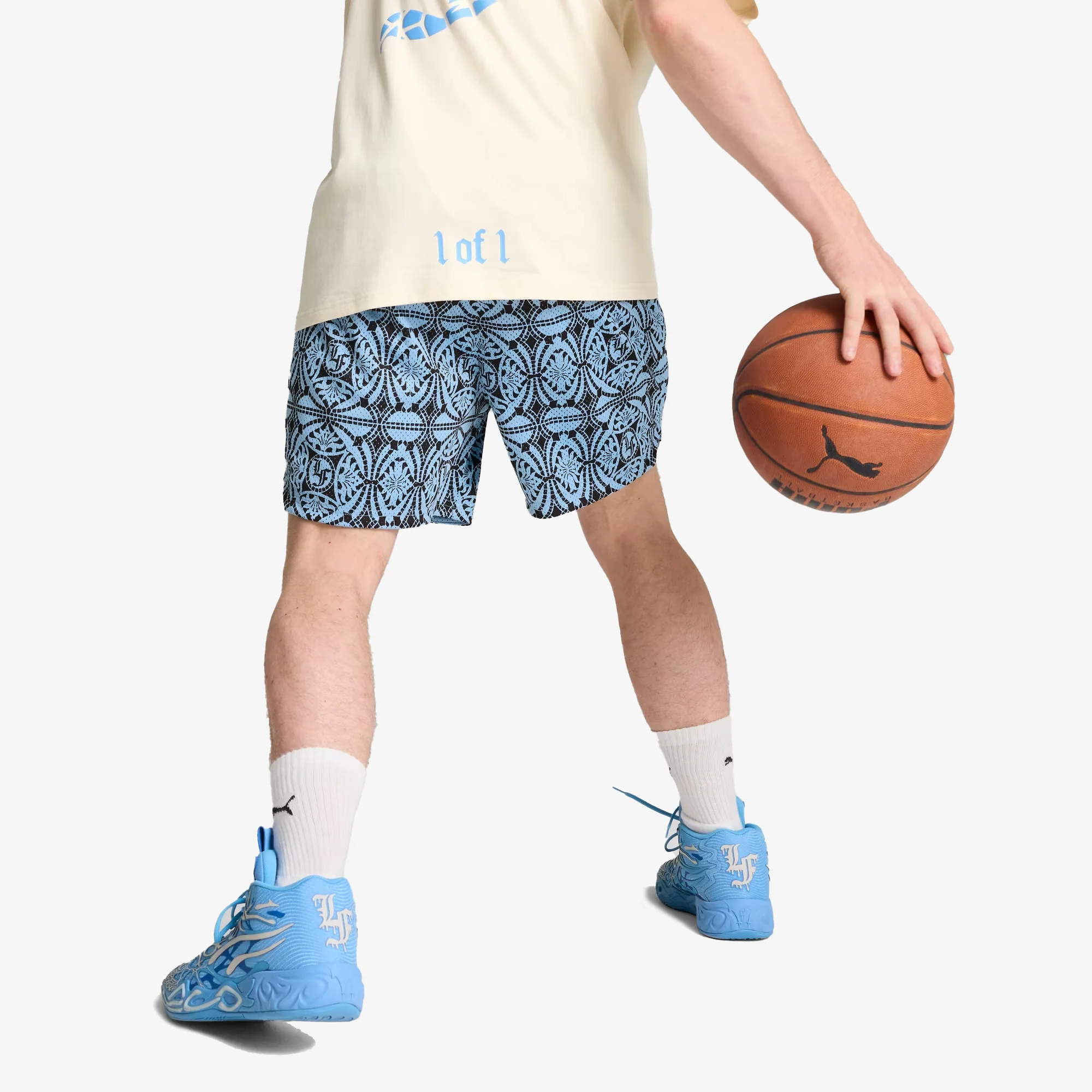 PUMA | HOOPS X LF MOSIAC SHORTS { TEAM LIGHT BLUE - Image 3