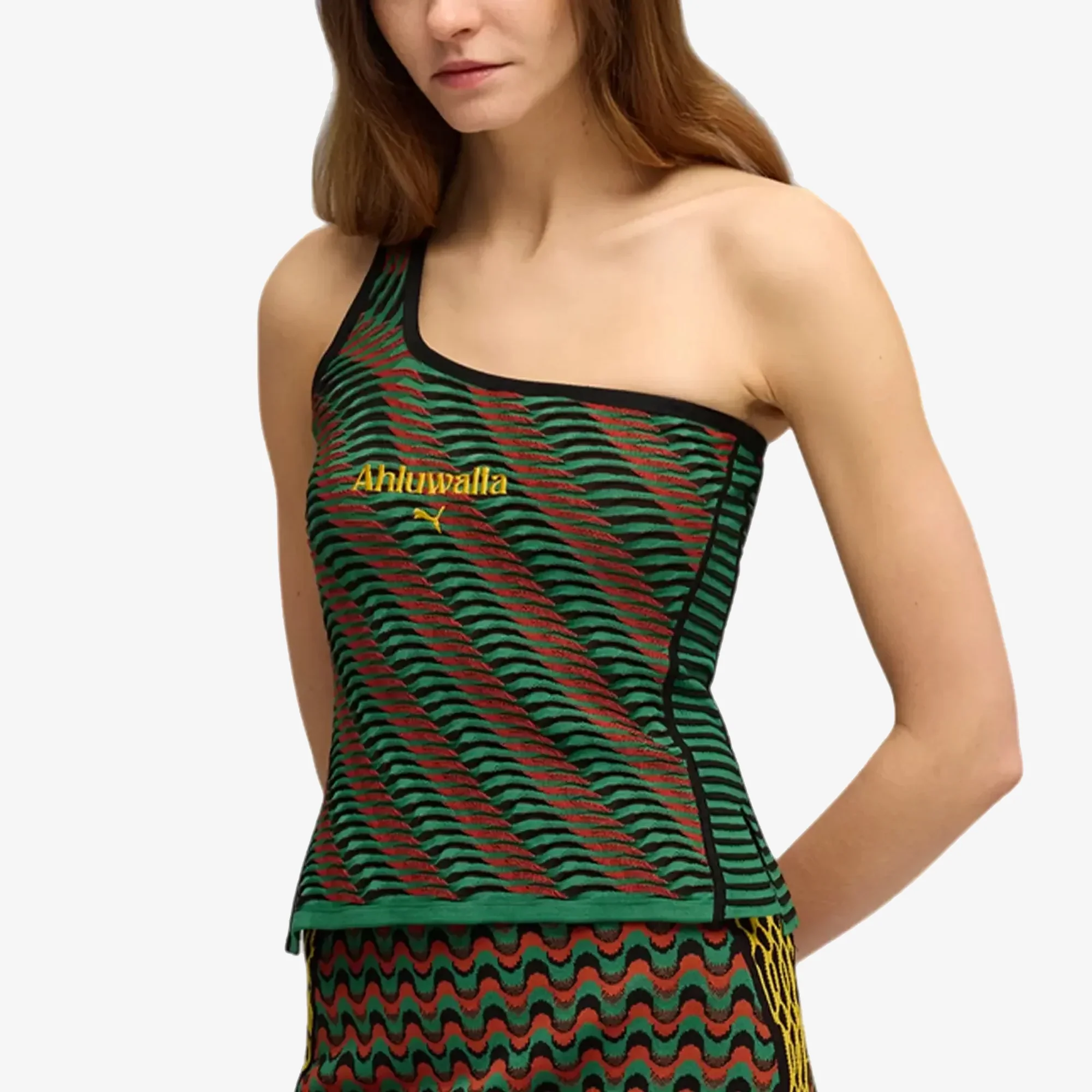 PUMA | X AHLUWALIA T7 TEXTURED KNIT ONE-SHOULDER TOP { ARCHIEVE GREEN AOP