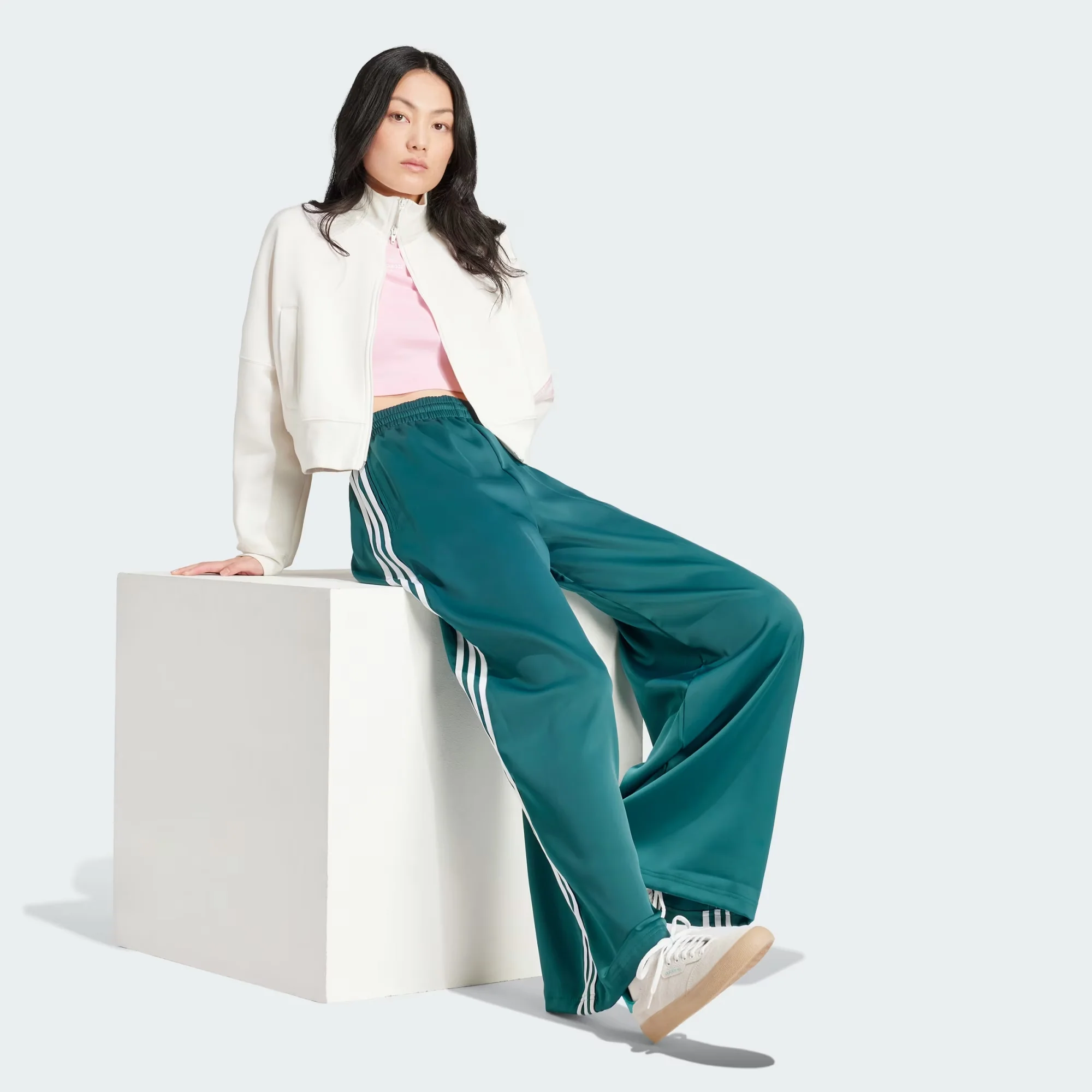 Adidas Originals | SATIN WIDE LEG TRACK PANTS  { GREEN - Image 5
