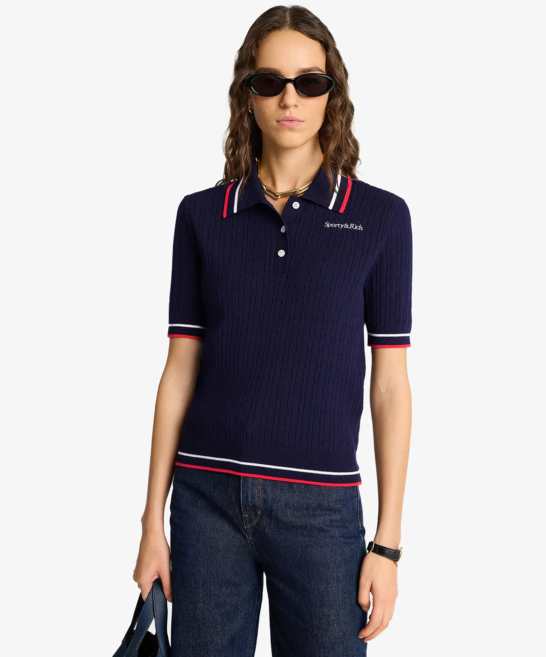 SPORTY & RICH | SERIF MINI CABLE POLO T-SHIRT { NAVY