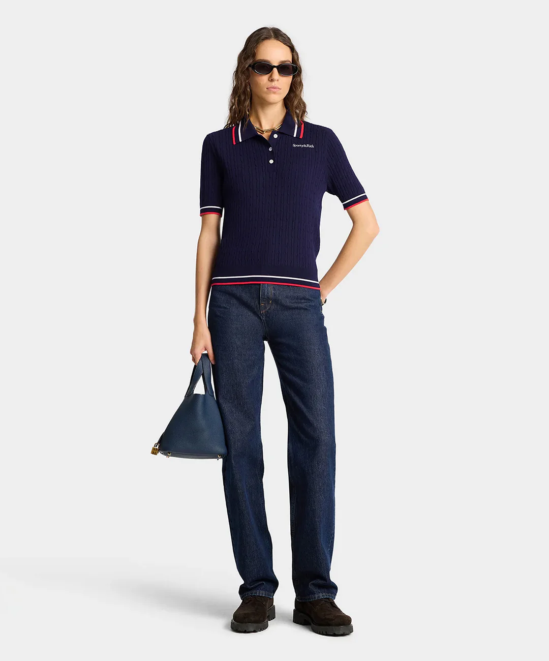 SPORTY & RICH | SERIF MINI CABLE POLO T-SHIRT { NAVY - Image 9