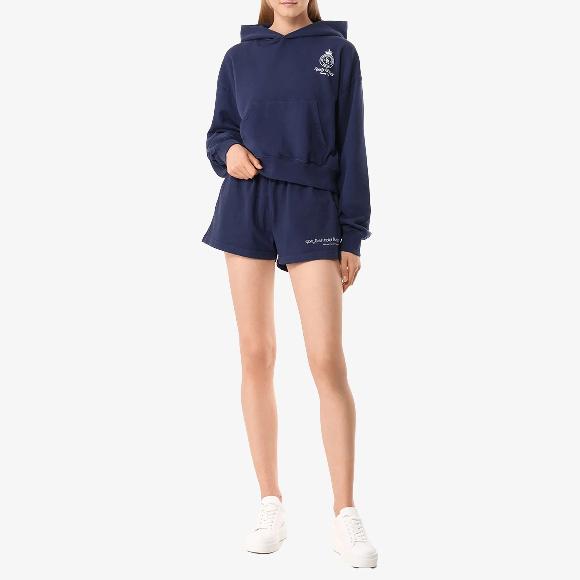 SPORTY & RICH | CROWN LOGO CROPPED HOODIE { NAVY/WHITE - Image 3