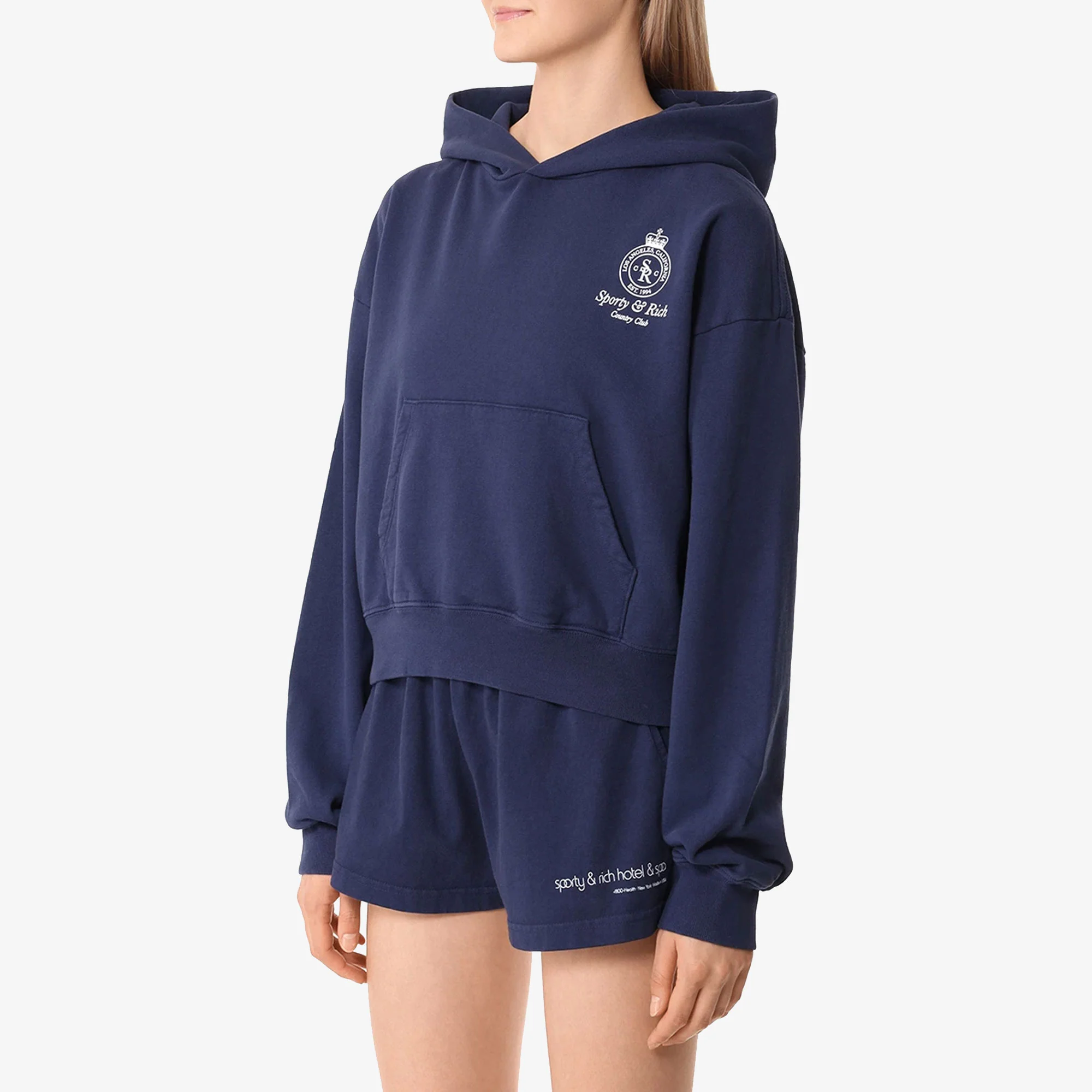 SPORTY & RICH | CROWN LOGO CROPPED HOODIE { NAVY/WHITE - Image 4