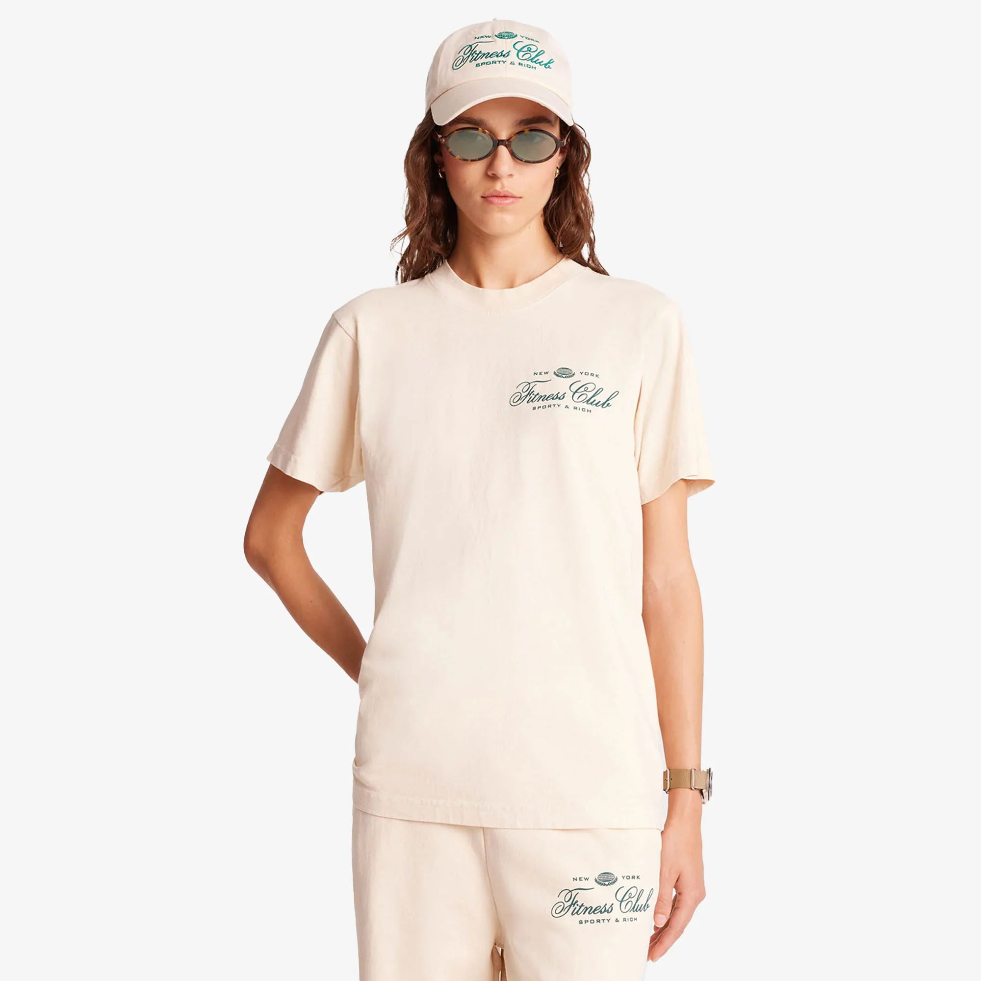 SPORTY & RICH | FITNESS WORLD T-SHIRT { CREAM/ALPINE - Image 3