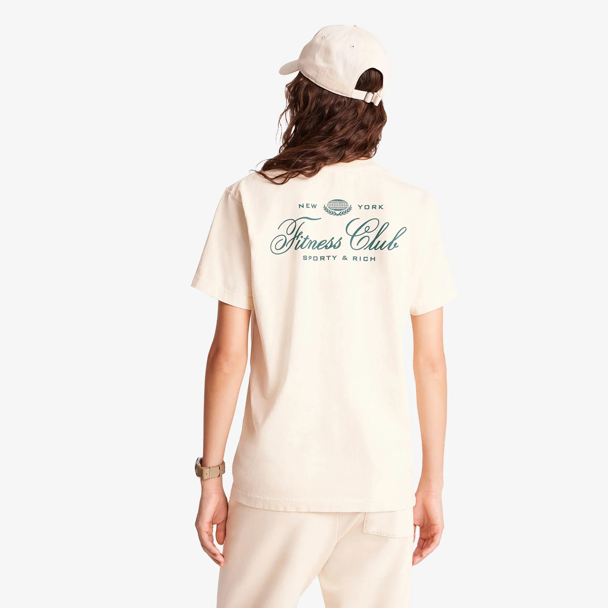 SPORTY & RICH | FITNESS WORLD T-SHIRT { CREAM/ALPINE - Image 4