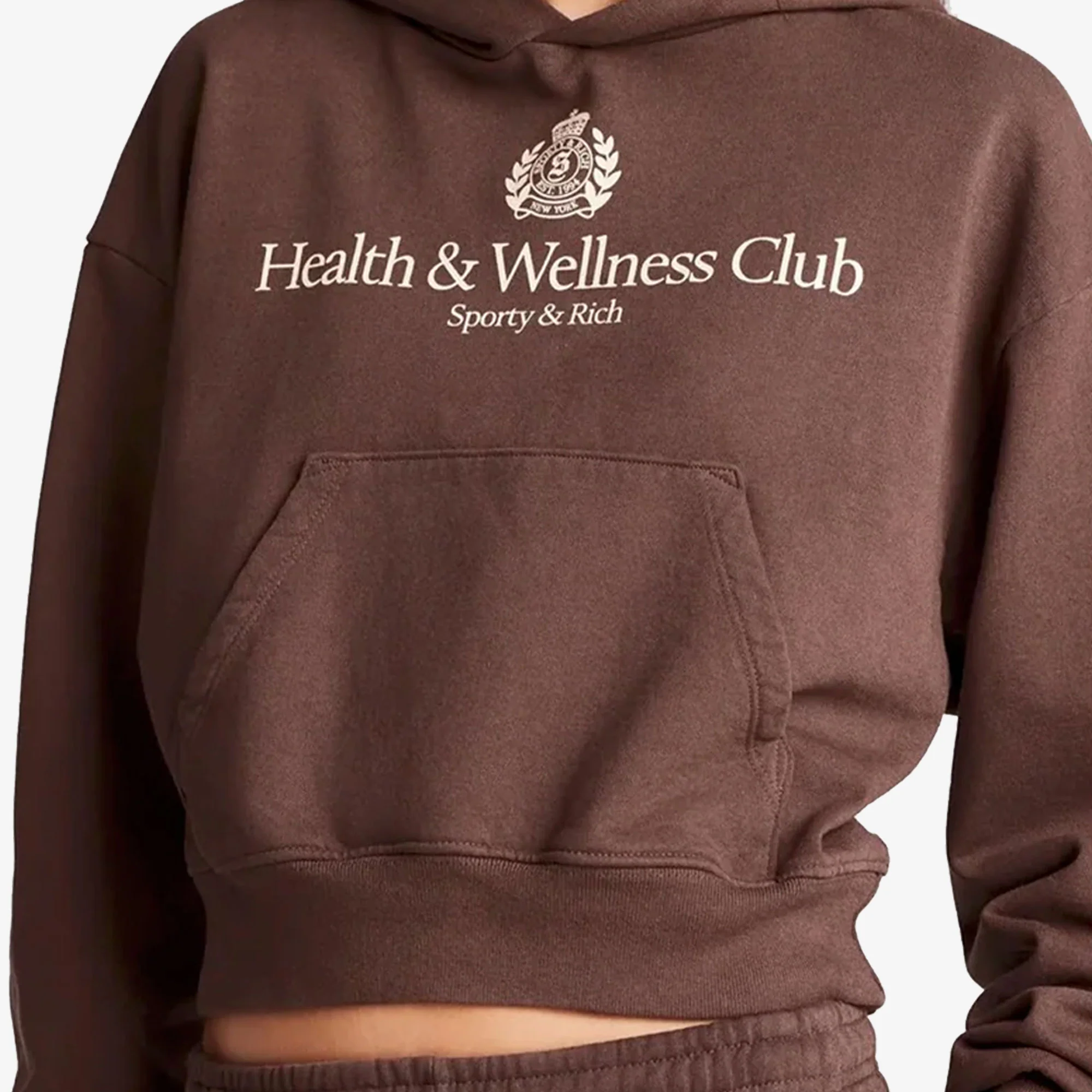 SPORTY & RICH | H&W CREST CROPPED HOODIE { BROWN - Image 3