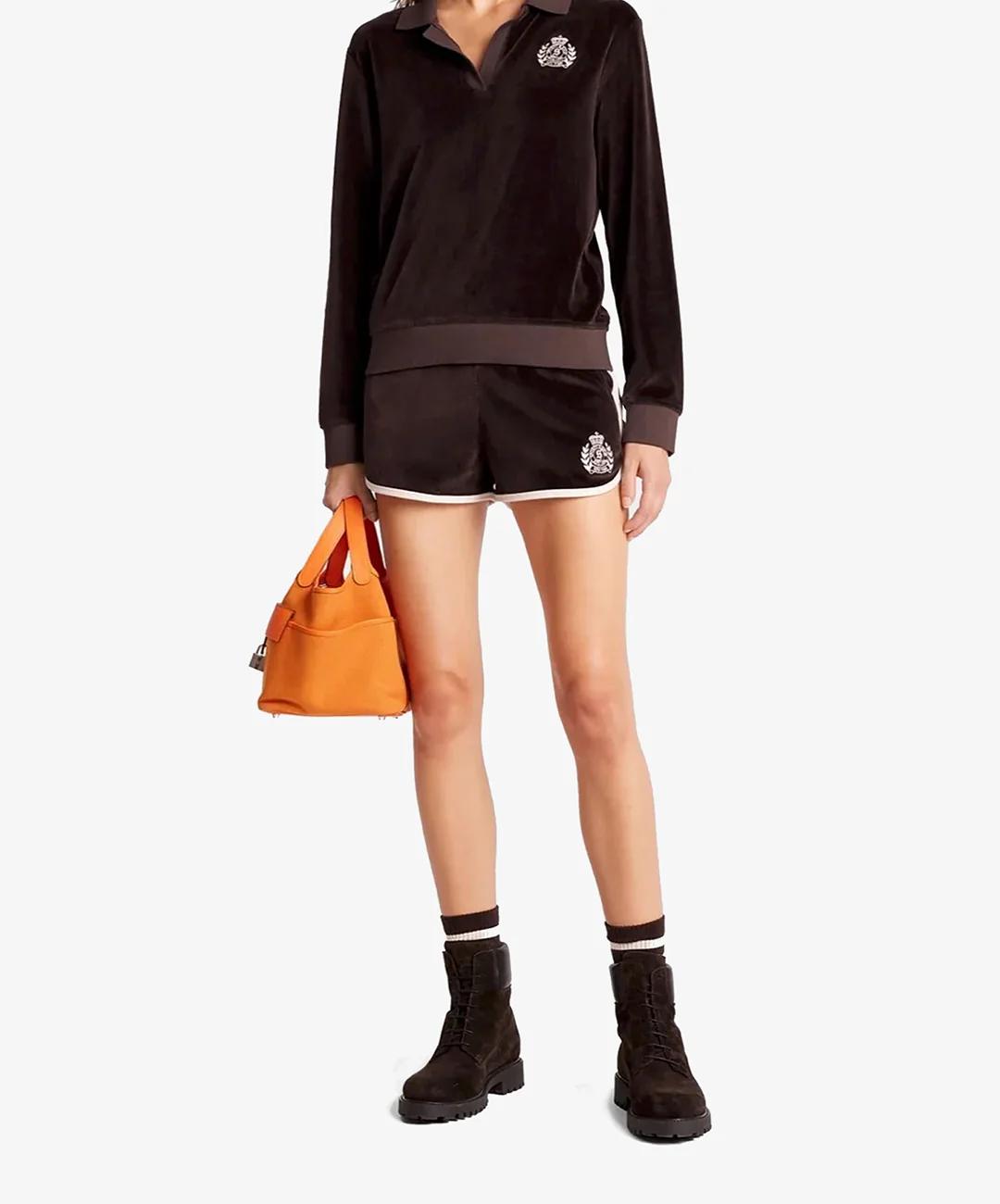 SPORTY & RICH | NY CREST VELOUR SHORT { BROWN - Image 4