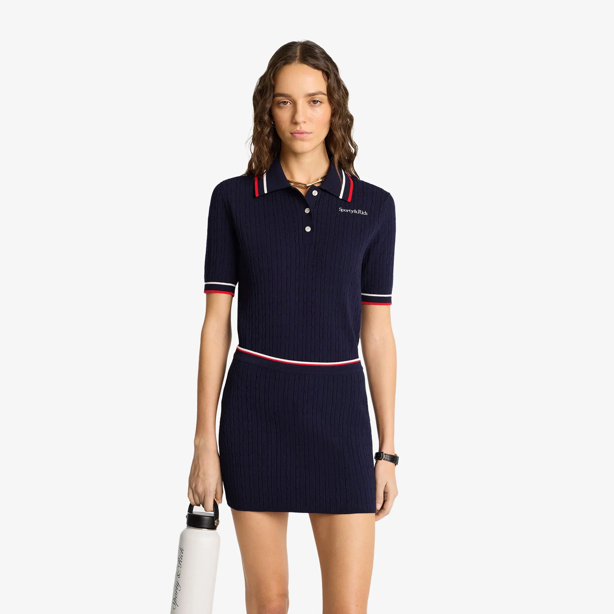 SPORTY & RICH | SERIF LOGO MINI CABLE SKIRT { NAVY - Image 3