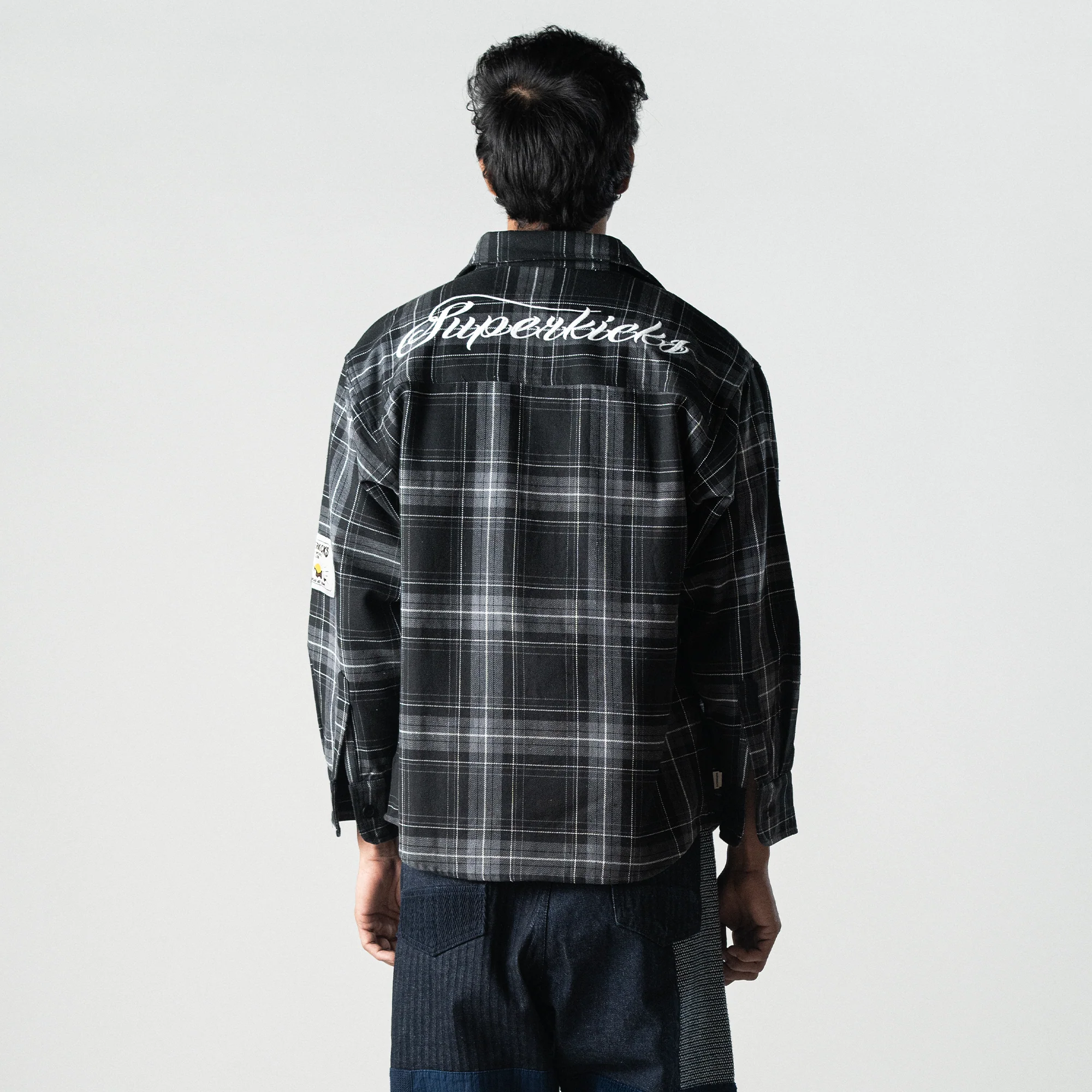 Superkicks | EMBROIDERED FLANNEL SHIRT { GREY/BLACK - Image 3