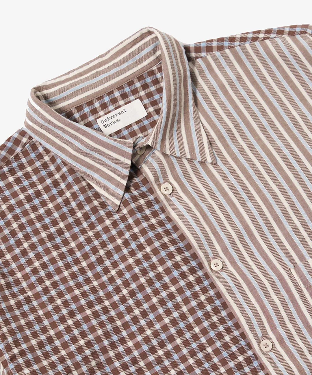 UNIVERSAL WORKS | MADISON CHECK/STRIPE STATION SHIRT { BROWN/BEIGE - Image 5