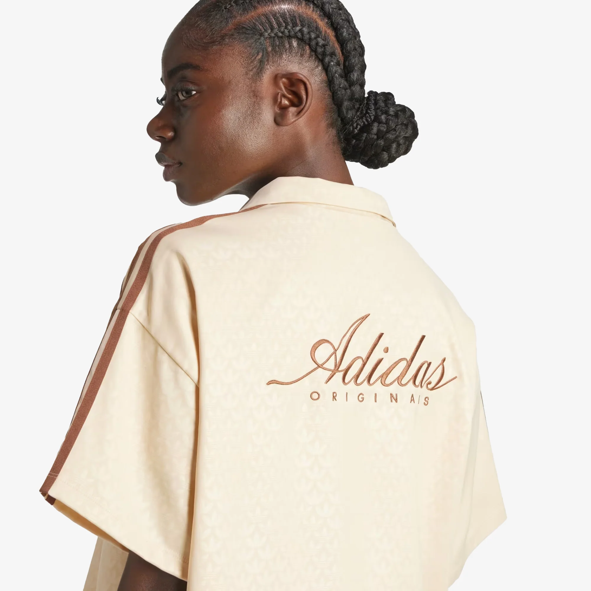 Adidas Originals | FASHION MONOGRAM SATIN BOWLING SHIRT { CRYSTAL SAND - Image 4