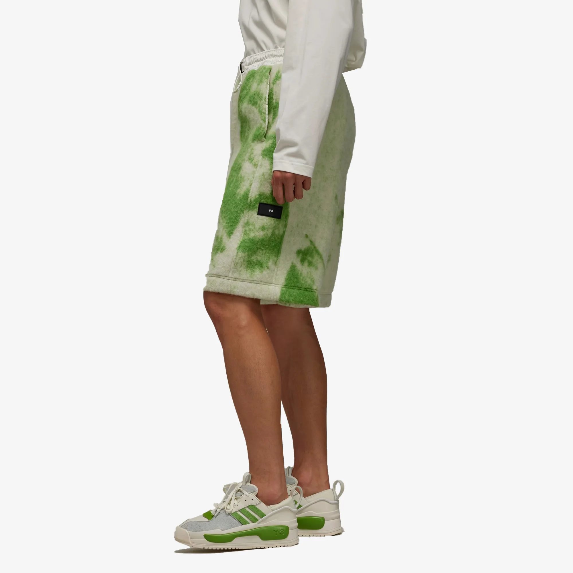 Y-3 | FUZZY FLEECE SHORTS { OFF WHITE/TEAM RAVE GREEN - Image 3